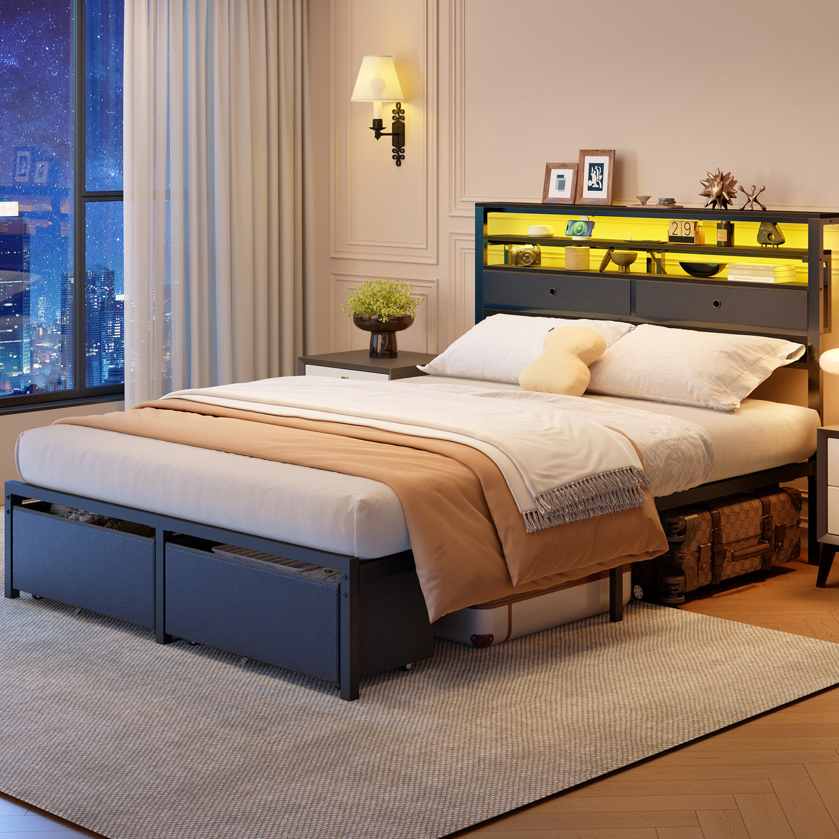 Queen Bed Frame with Storage Headboard and 4 Drawers, LED Lights