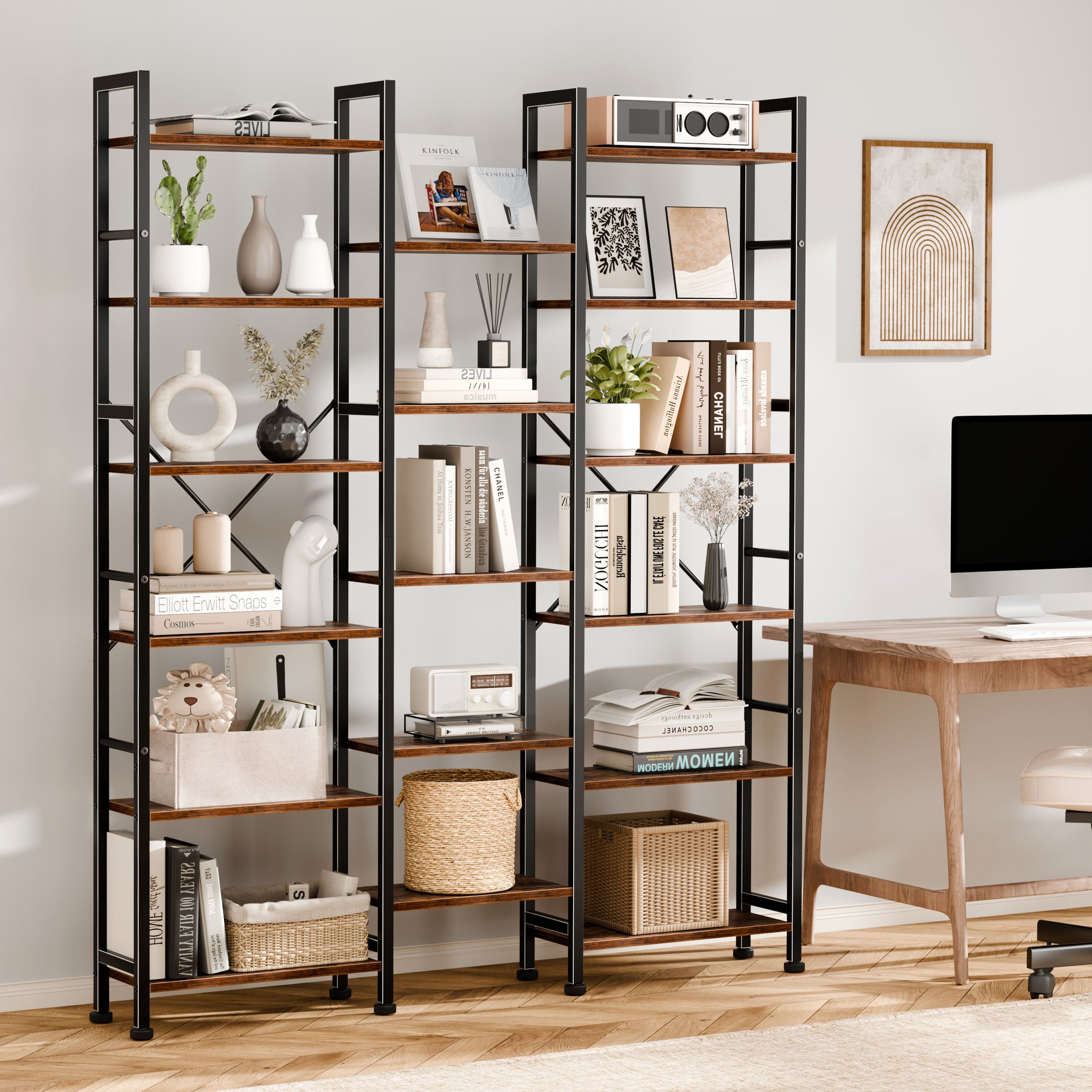 Qwatto Brown 6 Tier Bookshelf 17 Open Display Shelves Wood Metal Storage Organizer Industrial Wide Shelving Unit Freestanding Etagere in Home Office