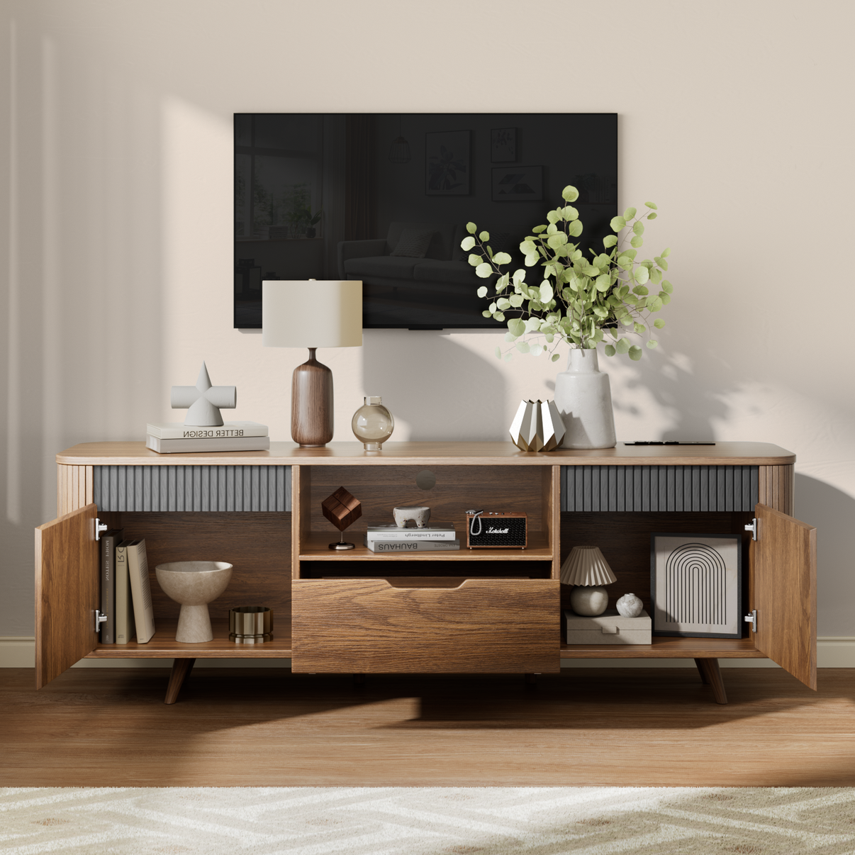 55-in Modern TV Stand For 40-65 Inch TV With Drawer slides Tambour Media Console With Storage Cabinet Charging Station Shelves Cable Management Wood Leg