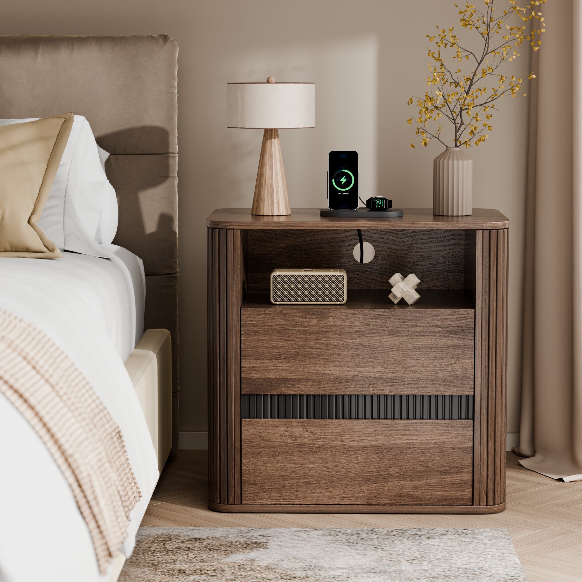 Walnut Side Table with Charging Station 2 Drawers Roller Design Modern Nightstand Rounded Edge Wood End Table Bedroom Living Room Sofa