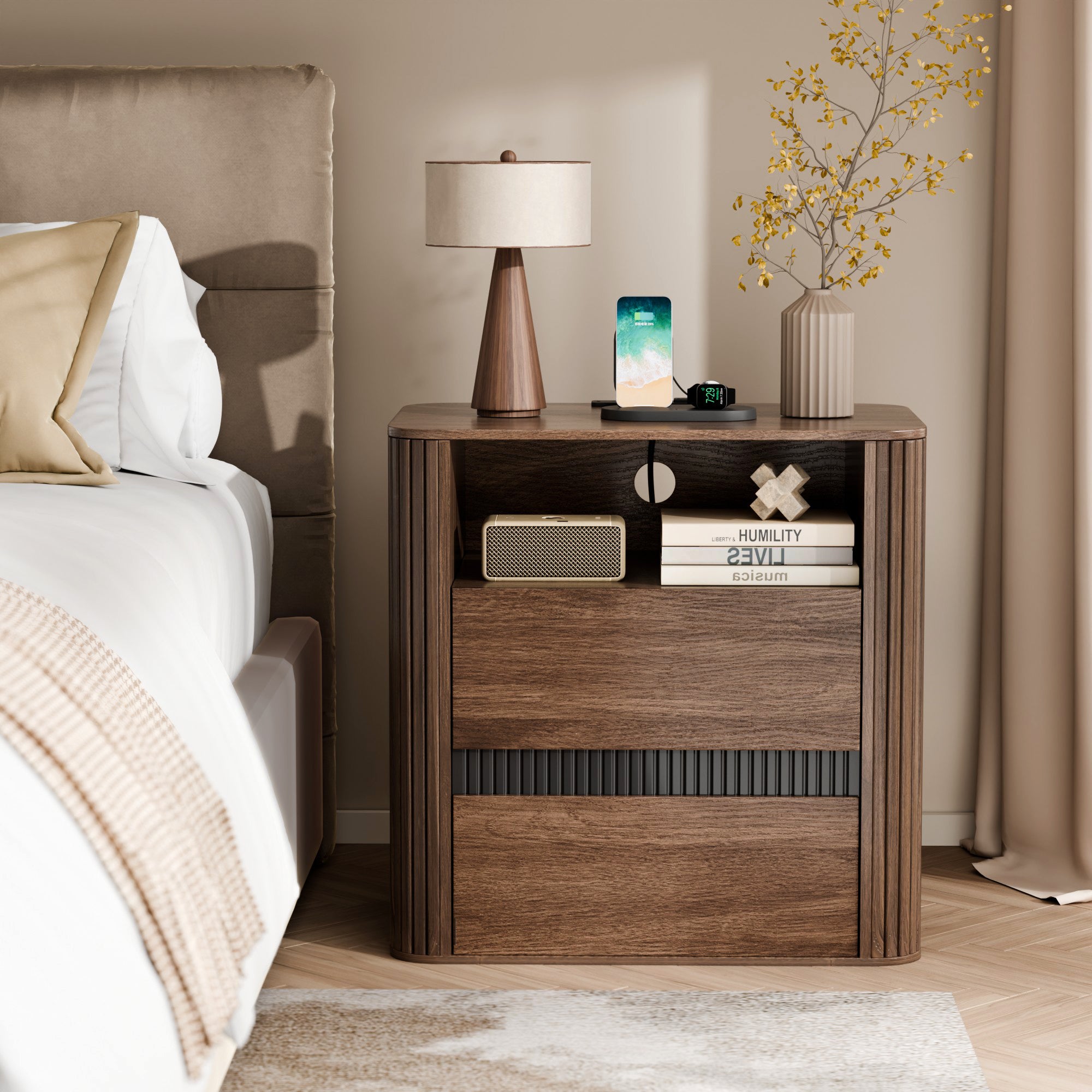 Unique Walnut Nightstand Charging Station 2 Drawers Roller Blind Design Rounded Modern Bedside Table Mid Century End Table Bedroom Storage