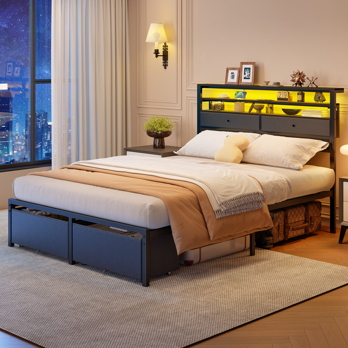 Full Size Bed Frame with Storage Headboard & 4 Drawers, LED Lights