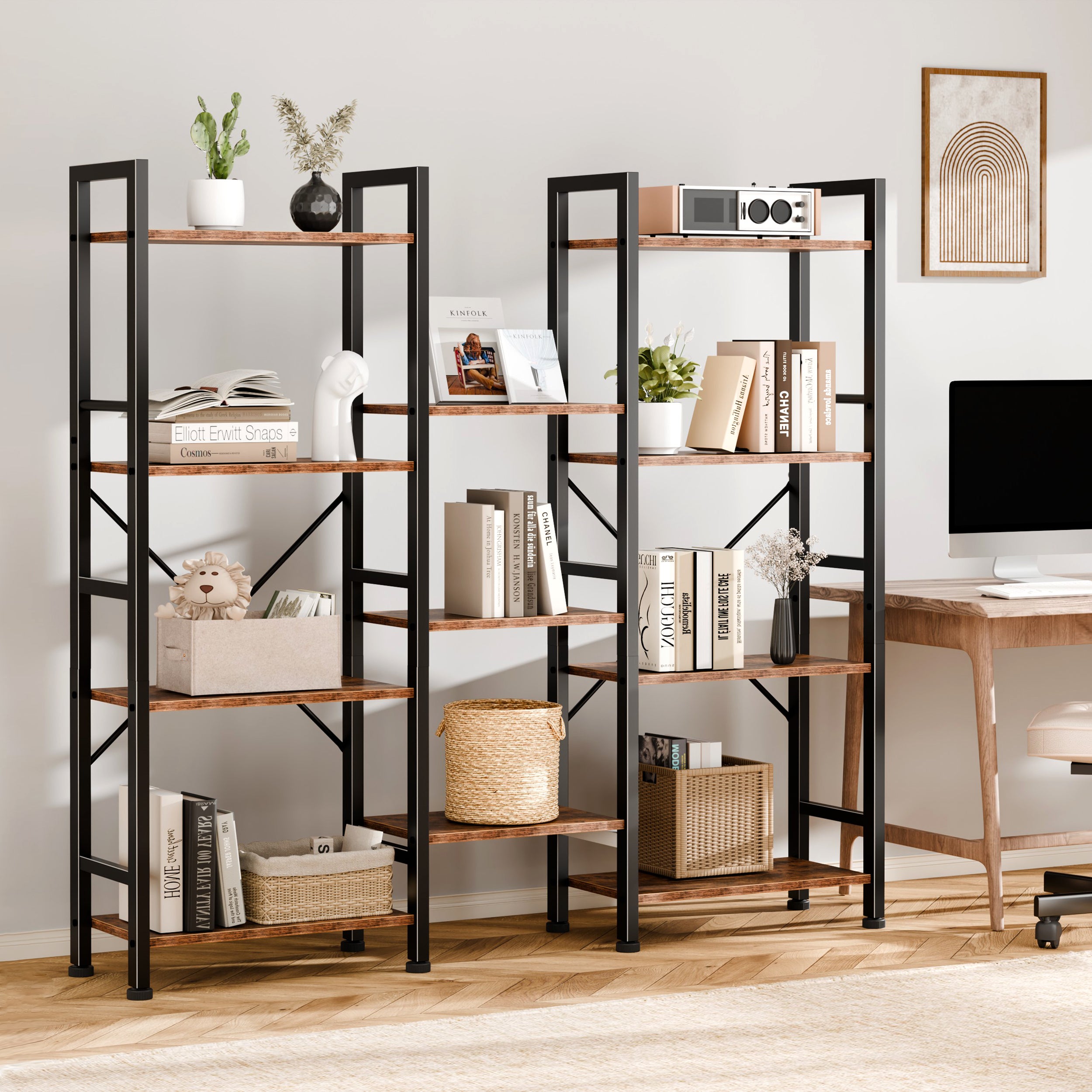Qwatto Brown Triple 4 Tier Bookshelf 11 Open Display Shelves Wood Metal Storage Organizer Industrial Wide Shelving Unit Home Office Etagere Bookcase