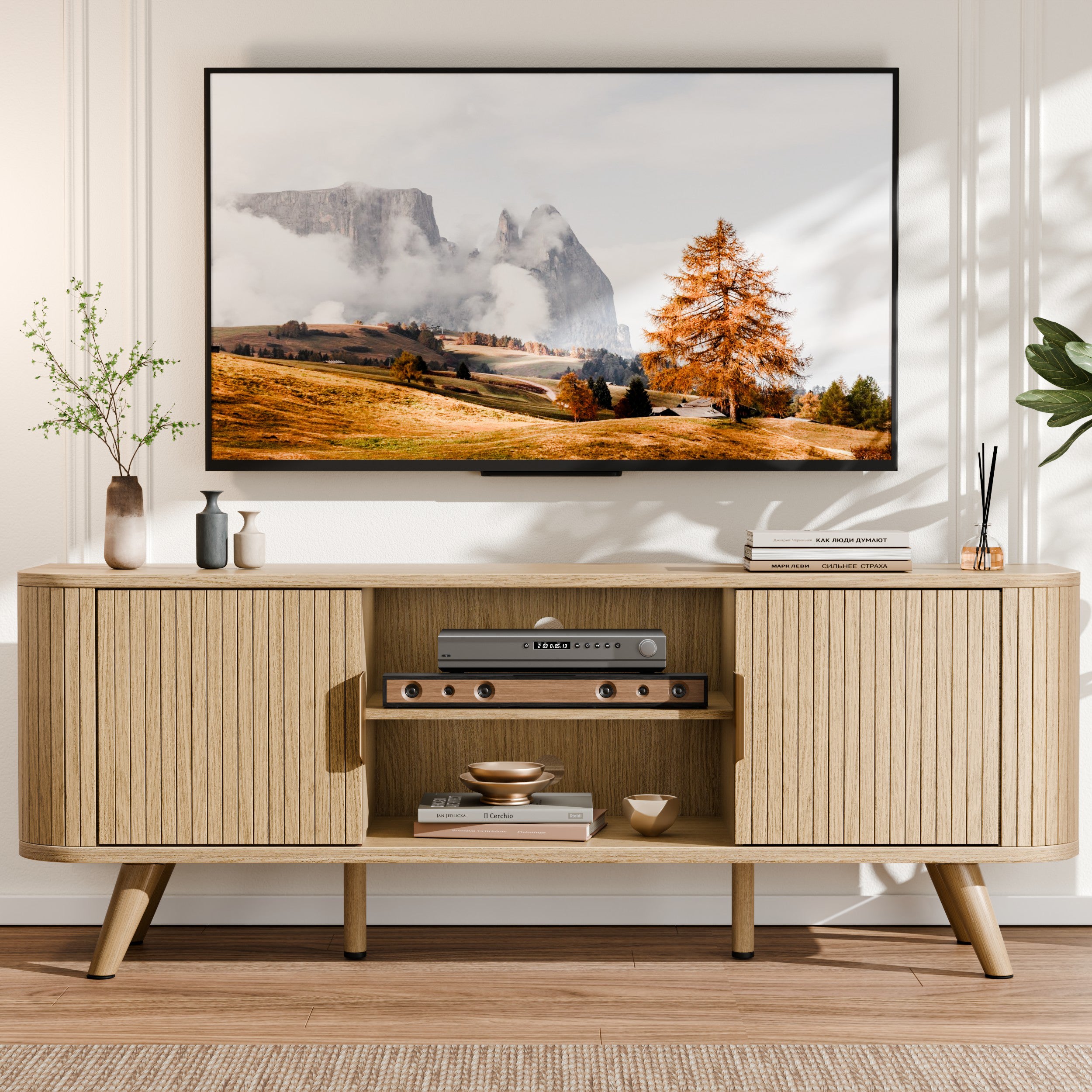 55 Inch Media Console for Bedroom Living Room Oak TV Stand for 65 Inch TV Mid Century Modern Cabinet Fluted Wood Detail Cable Management