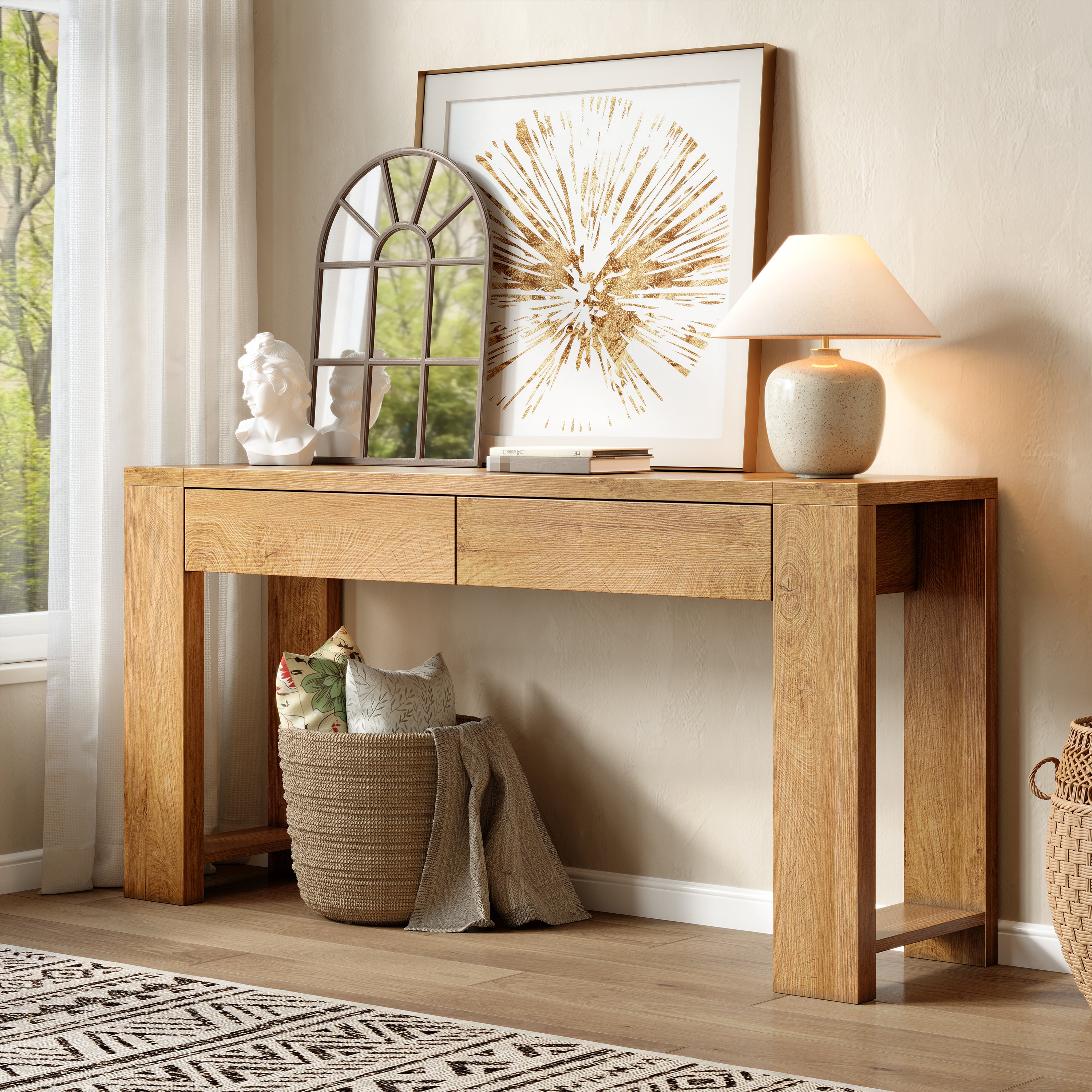 Qwatto 60 Inch Console Table Modern Entryway Storage Table with 2 Drawers Long Sofa Table Behind Couch for Living Room Hallway Foyer Natural Oak