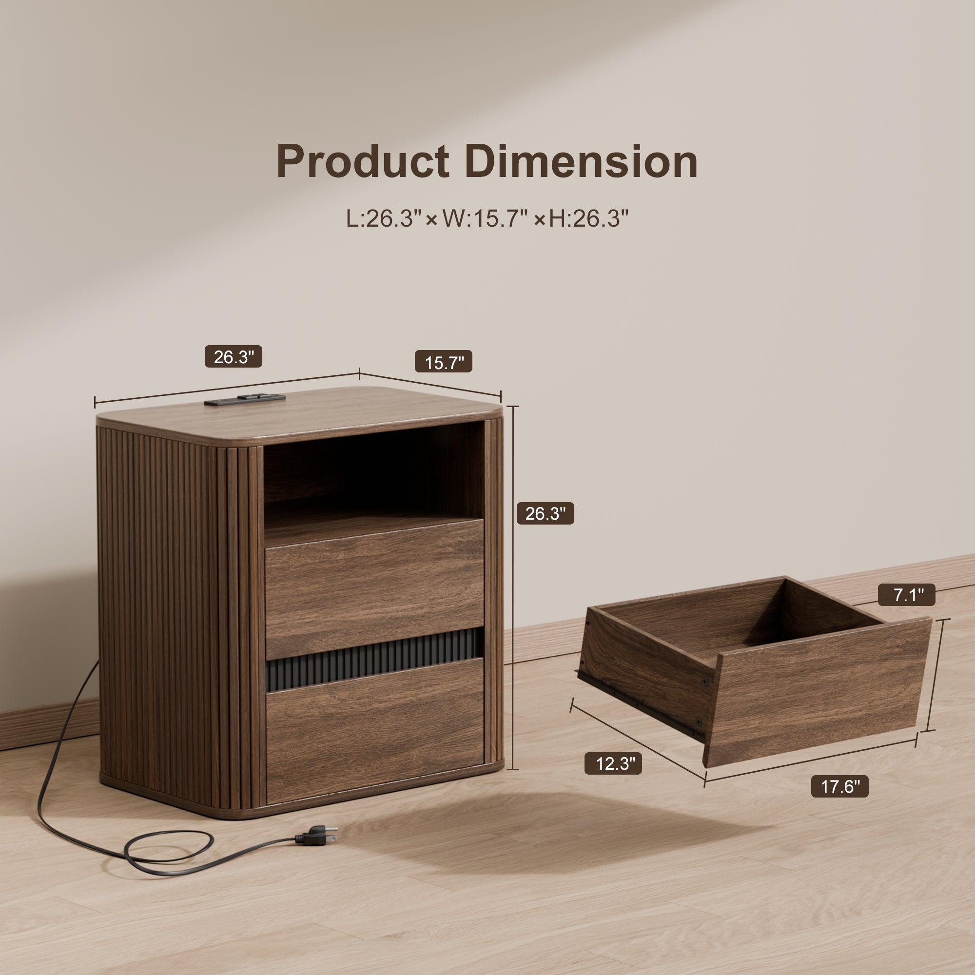 Mid Century Modern Nightstand Charging Station Walnut Wood 2 Drawers Rounded Arc Design Bedside Table Roller Blind End Table Living Room