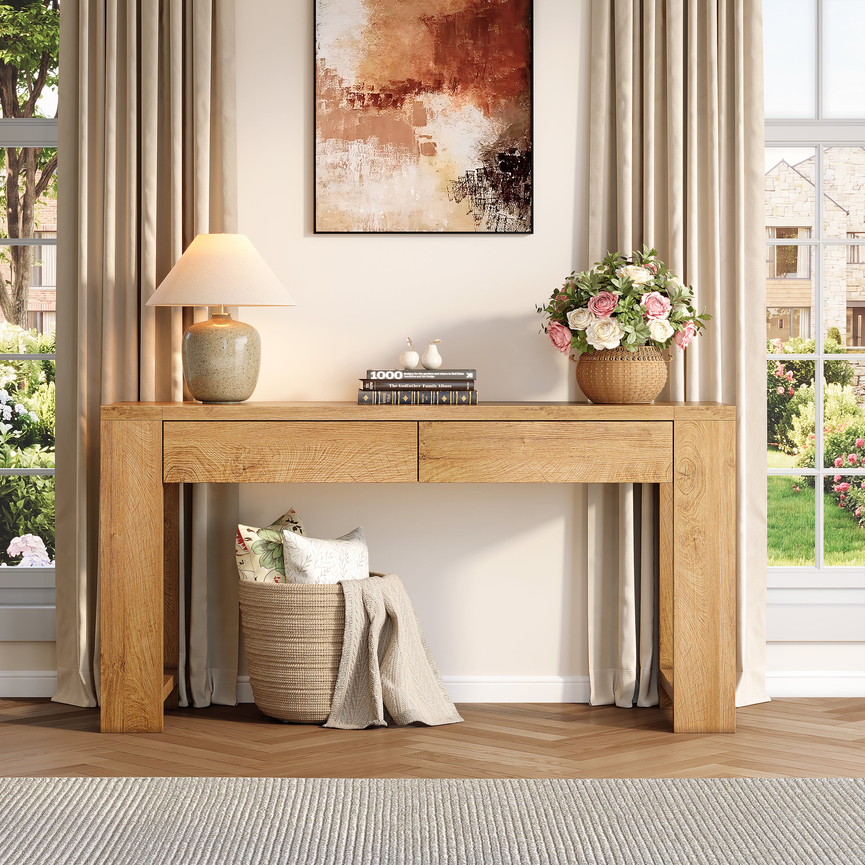 Qwatto 60 Inch Console Table Modern Entryway Storage Table with 2 Drawers Long Sofa Table Behind Couch for Living Room Hallway Foyer Natural Oak