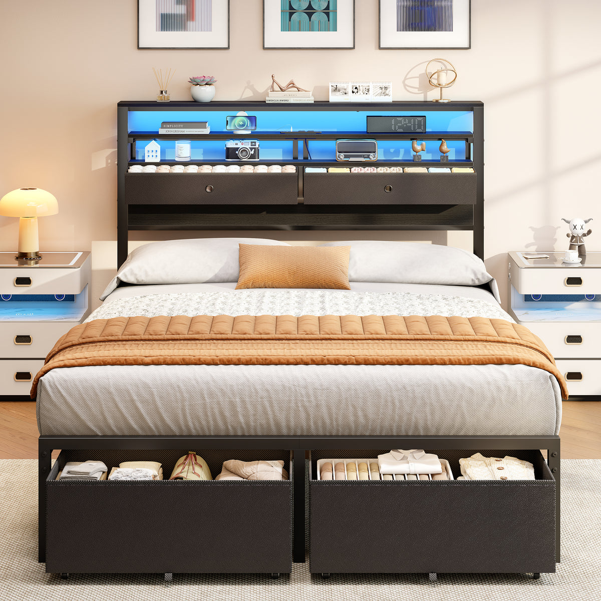 Full Size Bed Frame with Storage Headboard & 4 Drawers, LED Lights