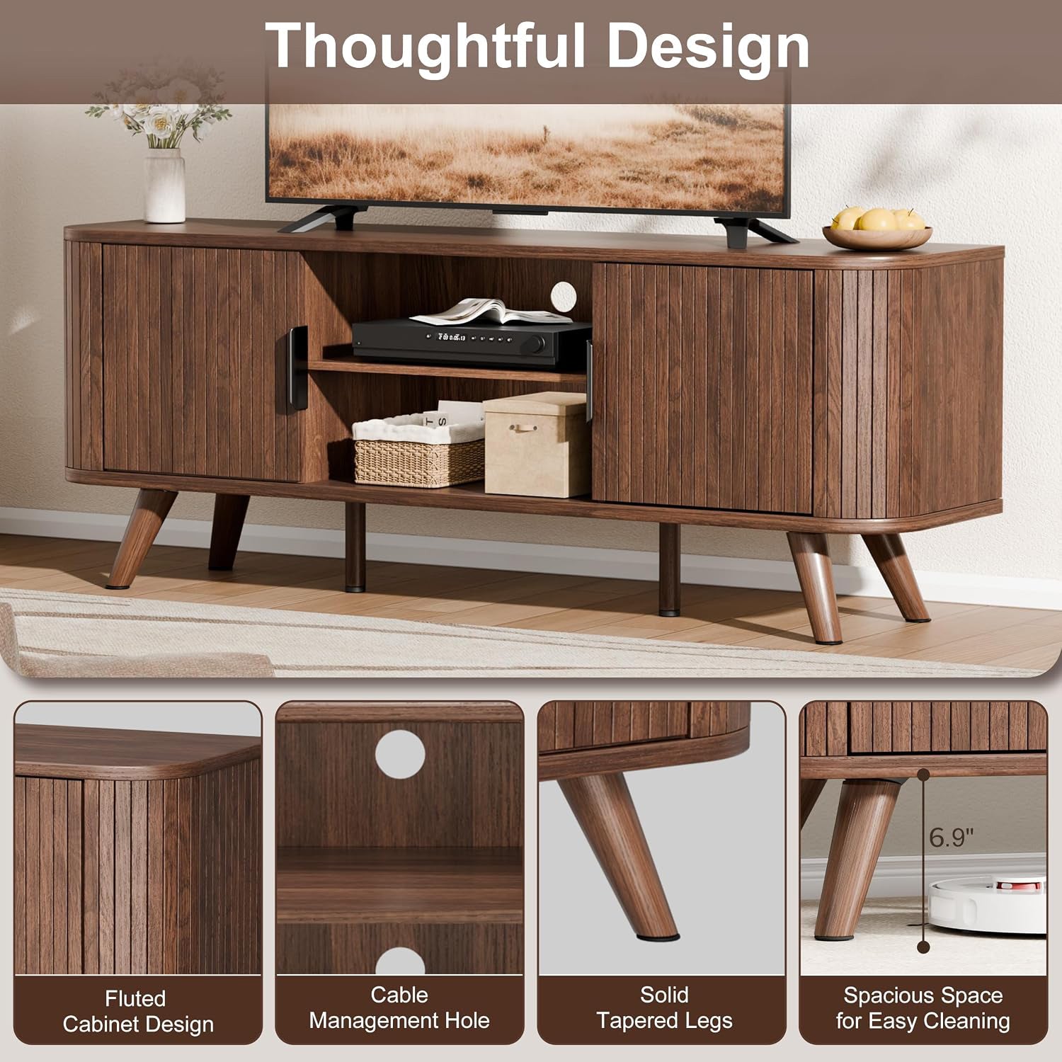 Curved Edge TV Stand Walnut Finish Media Console for 65 Inch TV Modern Fluted Door Credenza with Storage Mid Century Living Room Furniture