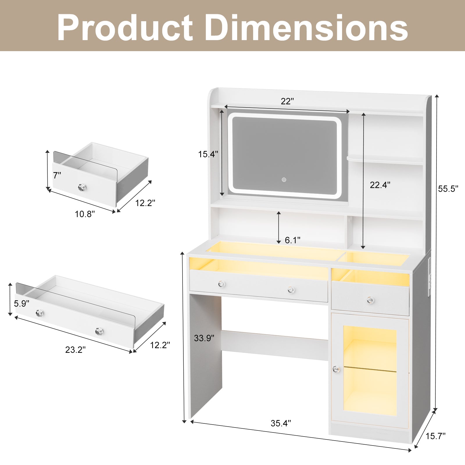 Qwatto White Makeup Vanity Desk with Mirror and Lights Vanity Set 3 Color Lighted Mirror Dressing Table with Power Outlet and Drawers Cabinet