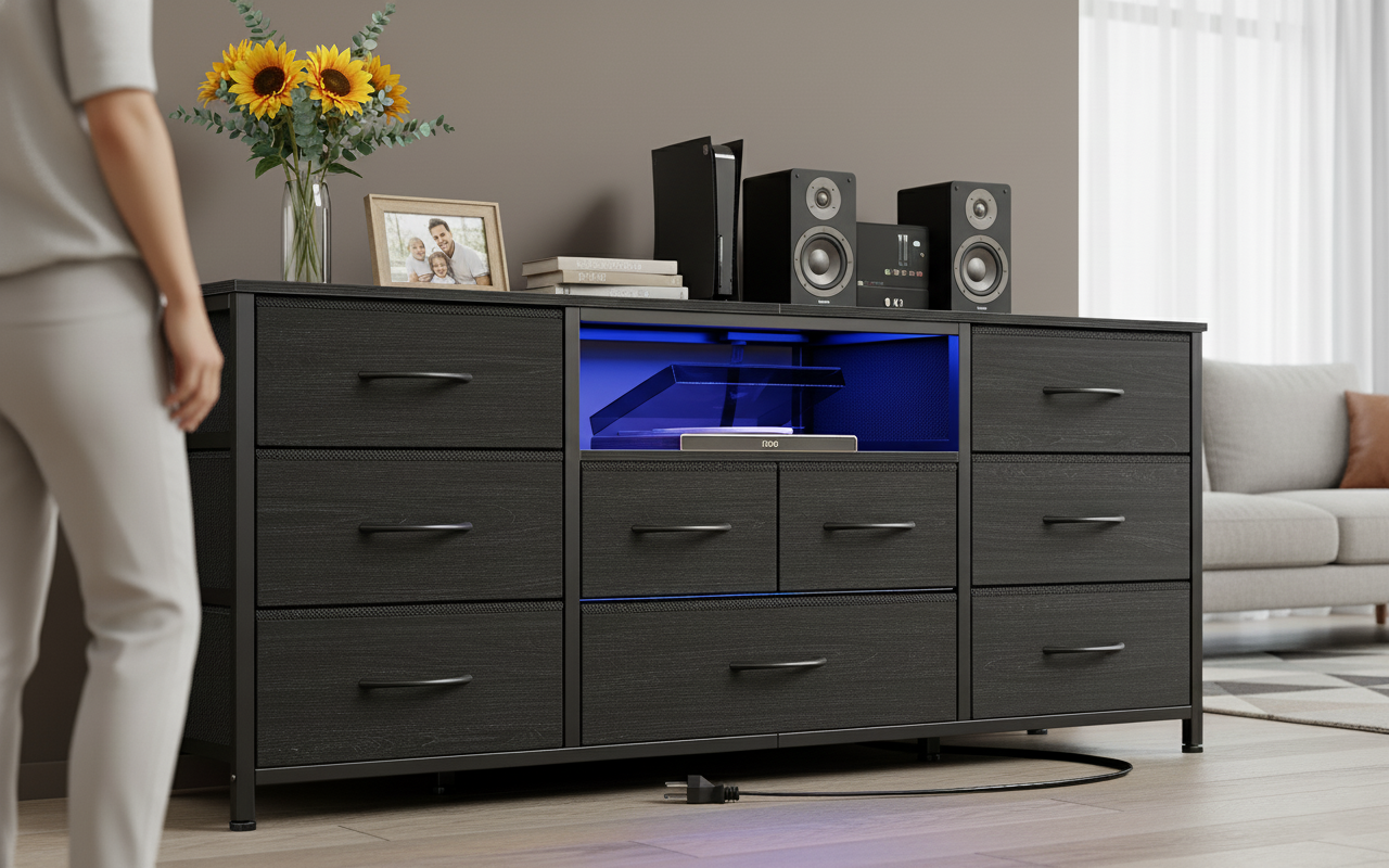 Bedroom Storage Dresser 9 Drawers TV Stand with Charging Station LED Lights Black Media Console for 65 Inch TV Wood Chest Entertainment Center