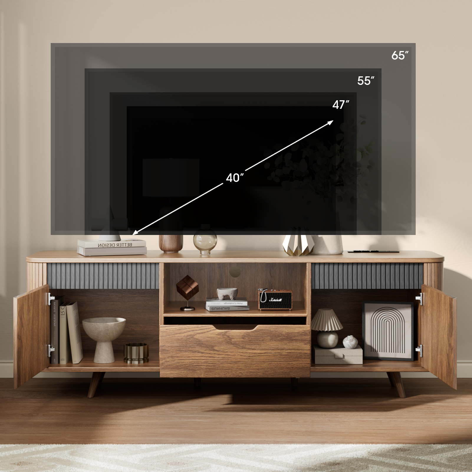 55-in Modern TV Stand For 40-65 Inch TV With Drawer slides Tambour Media Console With Storage Cabinet Charging Station Shelves Cable Management Wood Leg