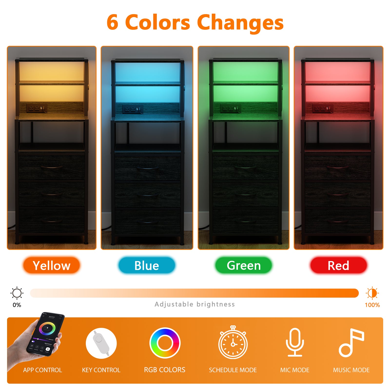 Tall Black Nightstand 4 Tier Storage Shelves 3 PU Fabric Drawers Modern Bedside Table Narrow Accent Side End Table Organizer for Bedroom Living Room