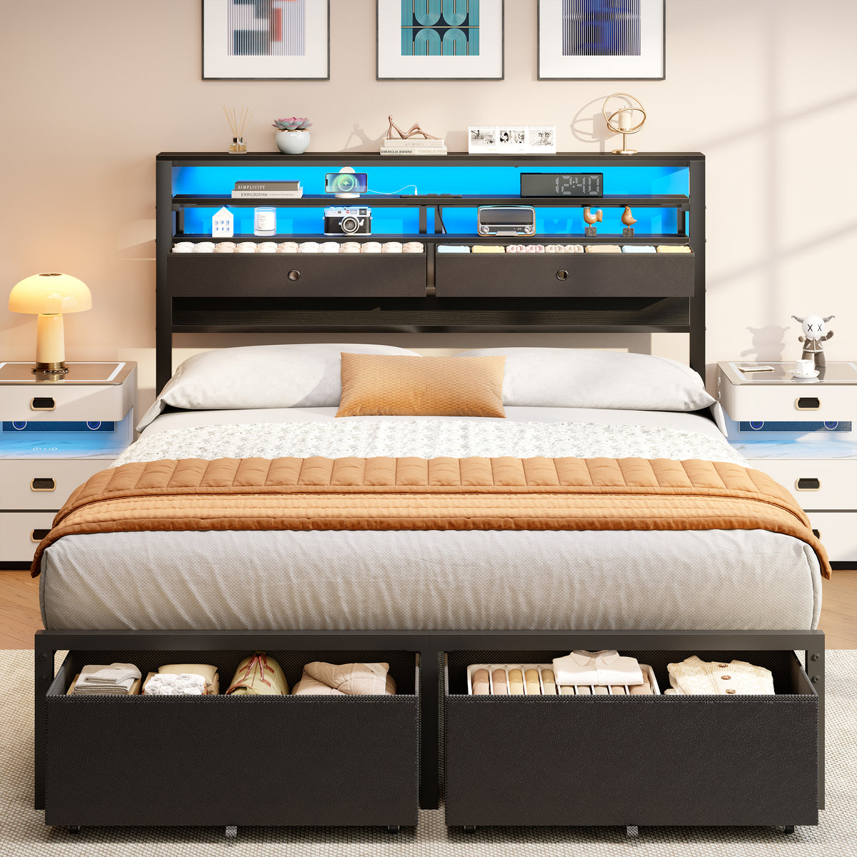 Queen Bed Frame with Storage Headboard and 4 Drawers, LED Lights