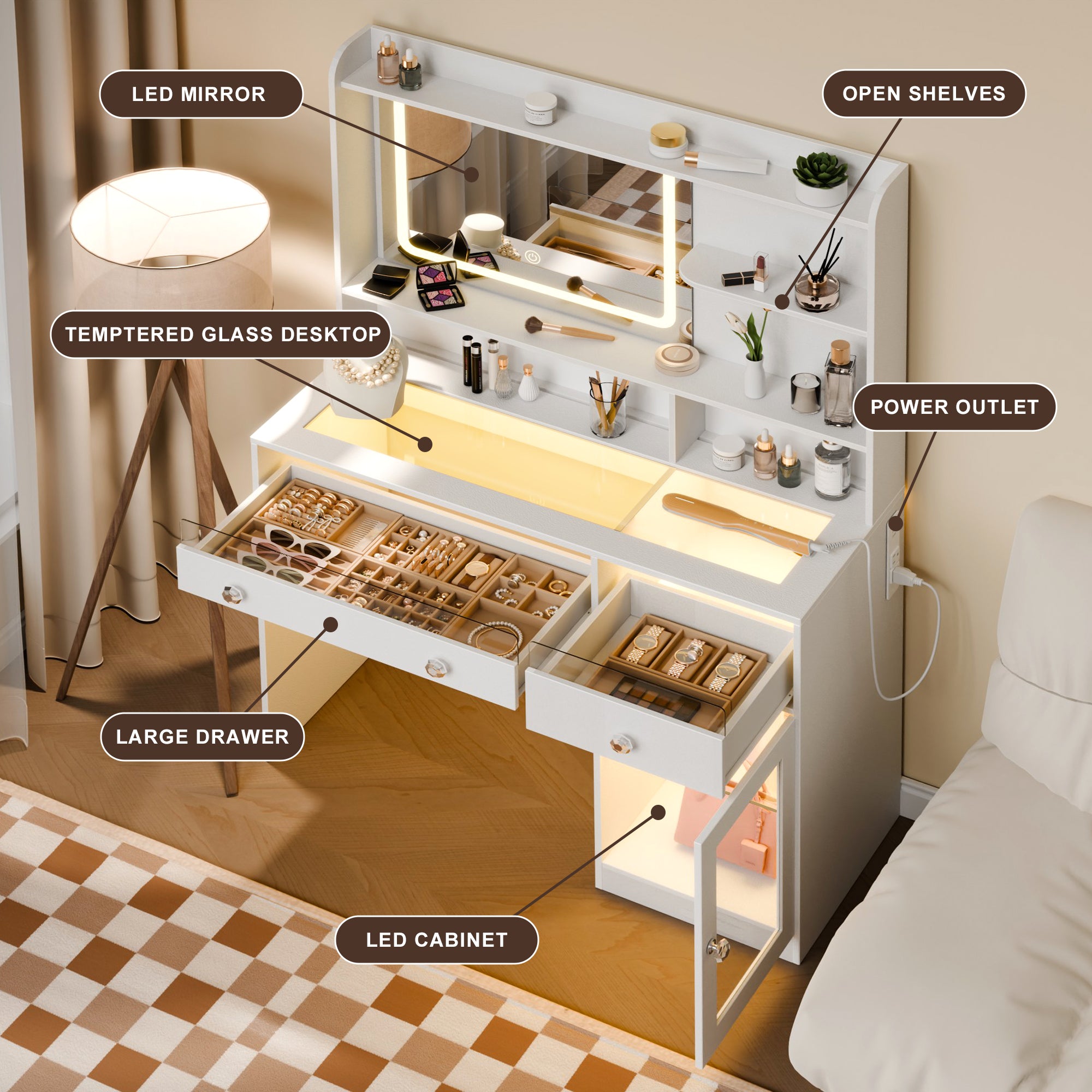 Qwatto White Makeup Vanity Desk with Mirror and Lights Vanity Set 3 Color Lighted Mirror Dressing Table with Power Outlet and Drawers Cabinet