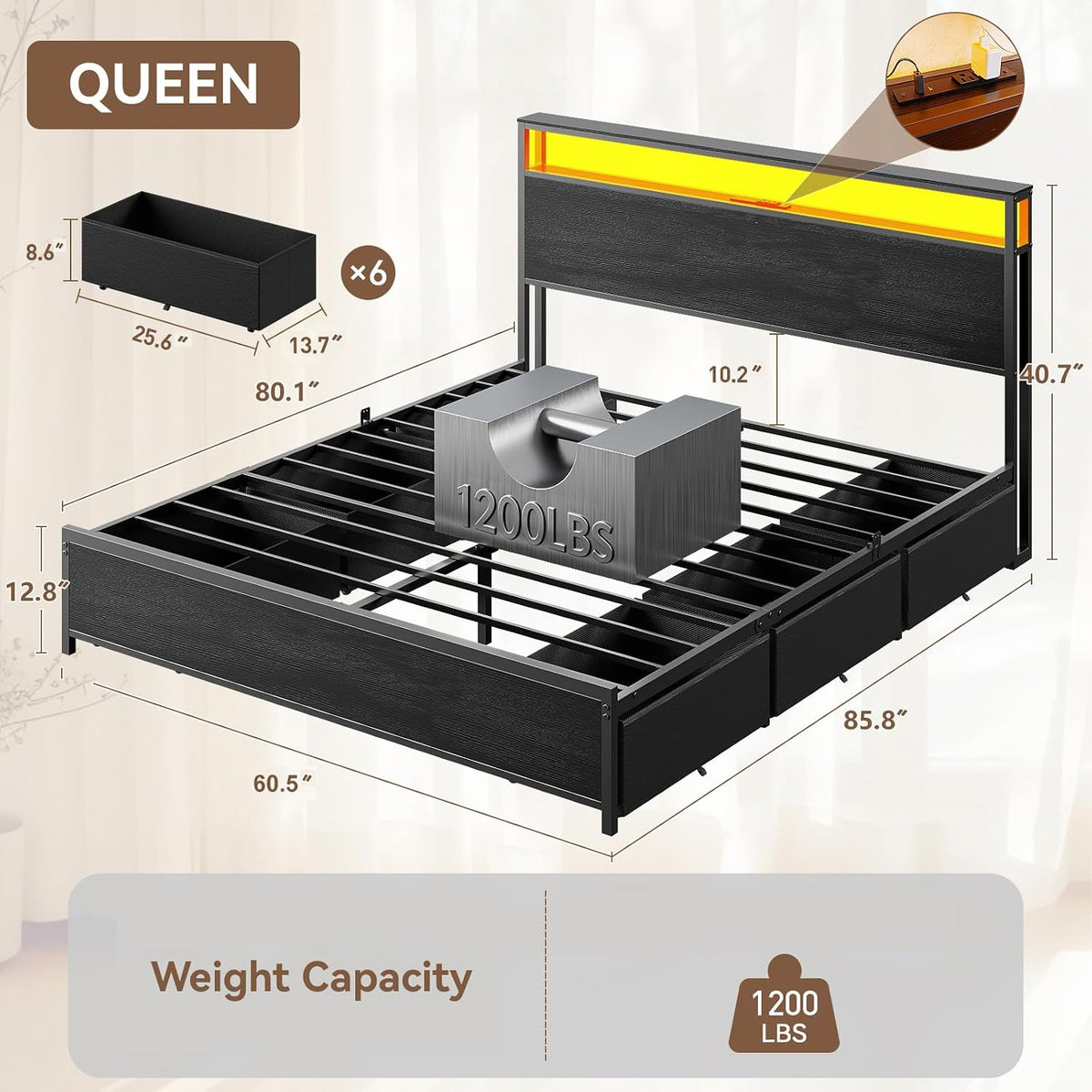 Bed Frame 6 Drawers Storage Headboard LED Lights Charging Station Metal Platform Bed Black