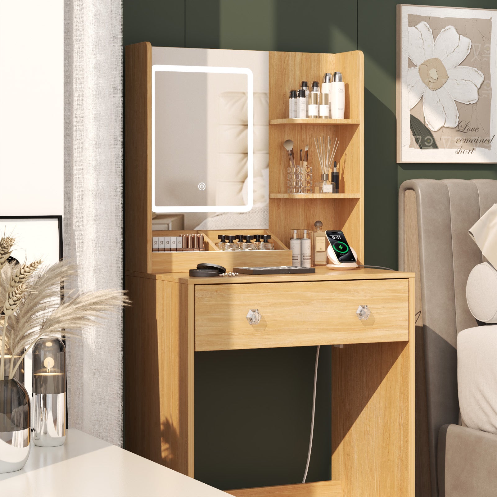 24" Modern Wood Vanity Desk with Lighted Mirror and Charging Station Small Makeup Dressing Table with 2 Drawers and 3 Storage Shelves for Bedroom
