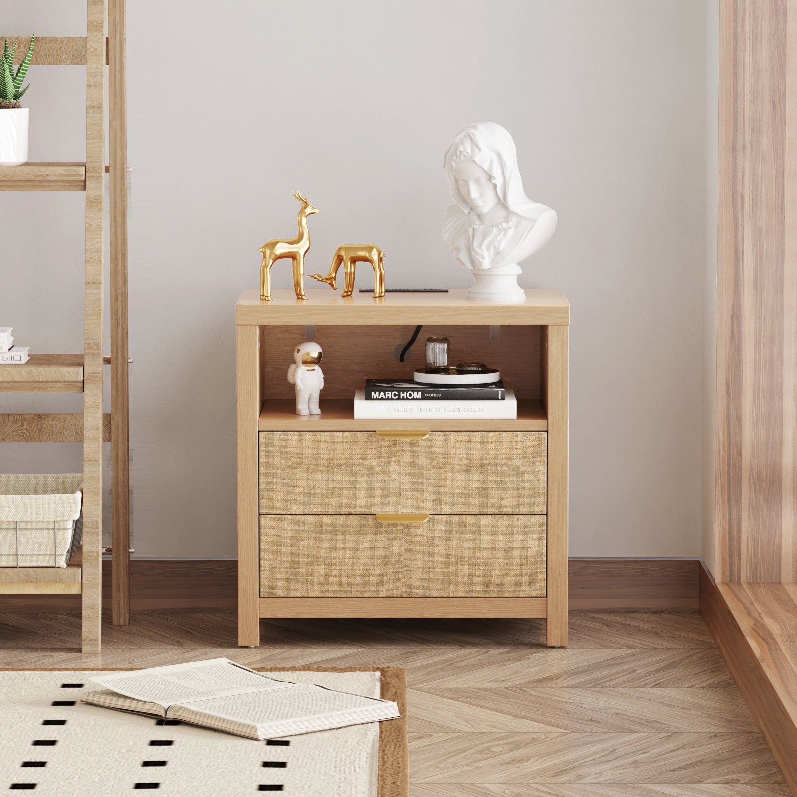 Natural Oak Wood Nightstand with Charging Station 2 Drawers Storage Shelf Bedside Table Modern Farmhouse End Table USB Ports Bedroom