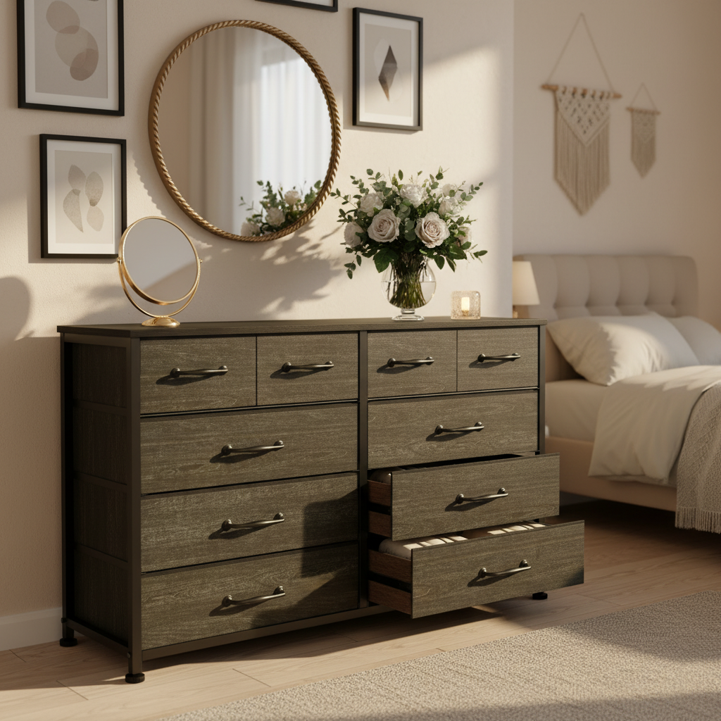 Black Dresser with 10 Fabric Dresser Tv Stand for Bedroom for 40-45-50 inch Tv Entertainment Center Chest of Drawers for Living Room Hallway Entryway