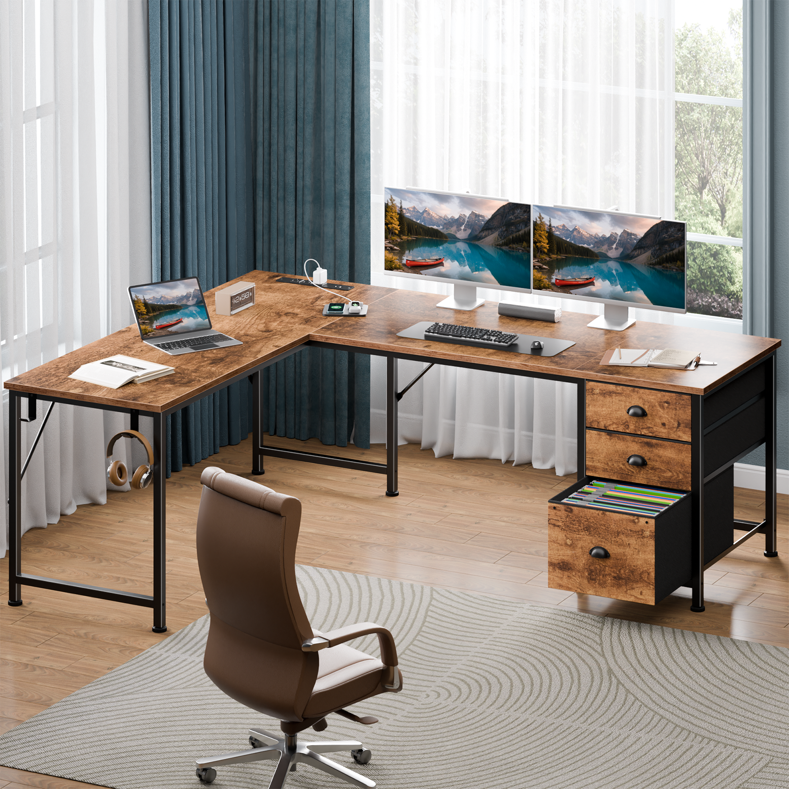 Qwatto Brown 63 Inch L Shaped Corner Computer Desk with Power Outlets and USB C Ports File Fabric Drawers Storage Workstation for Home Office Rooms