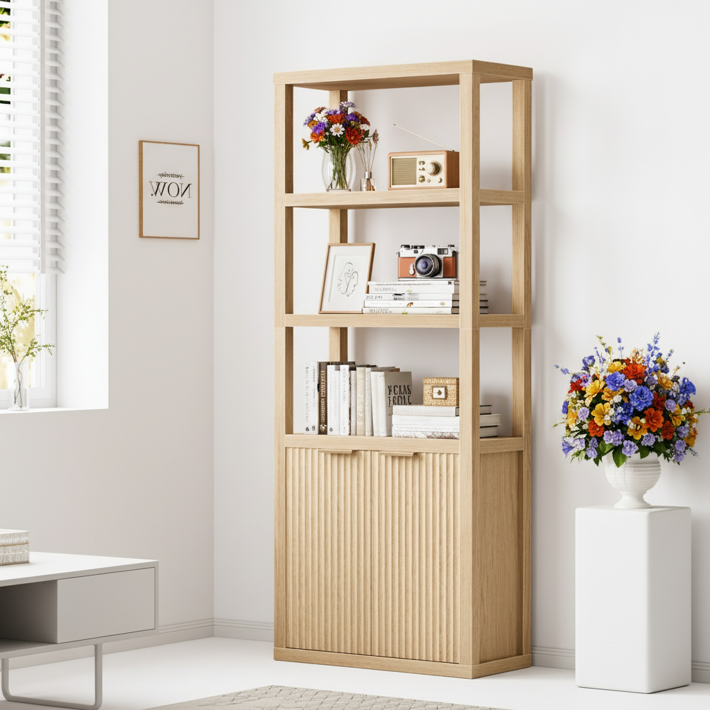 5 Tier Bookcase with Doors Tall Storage Shelf Wood Display Cabinet Standing Bookshelf for Living Room Home Office Organizer