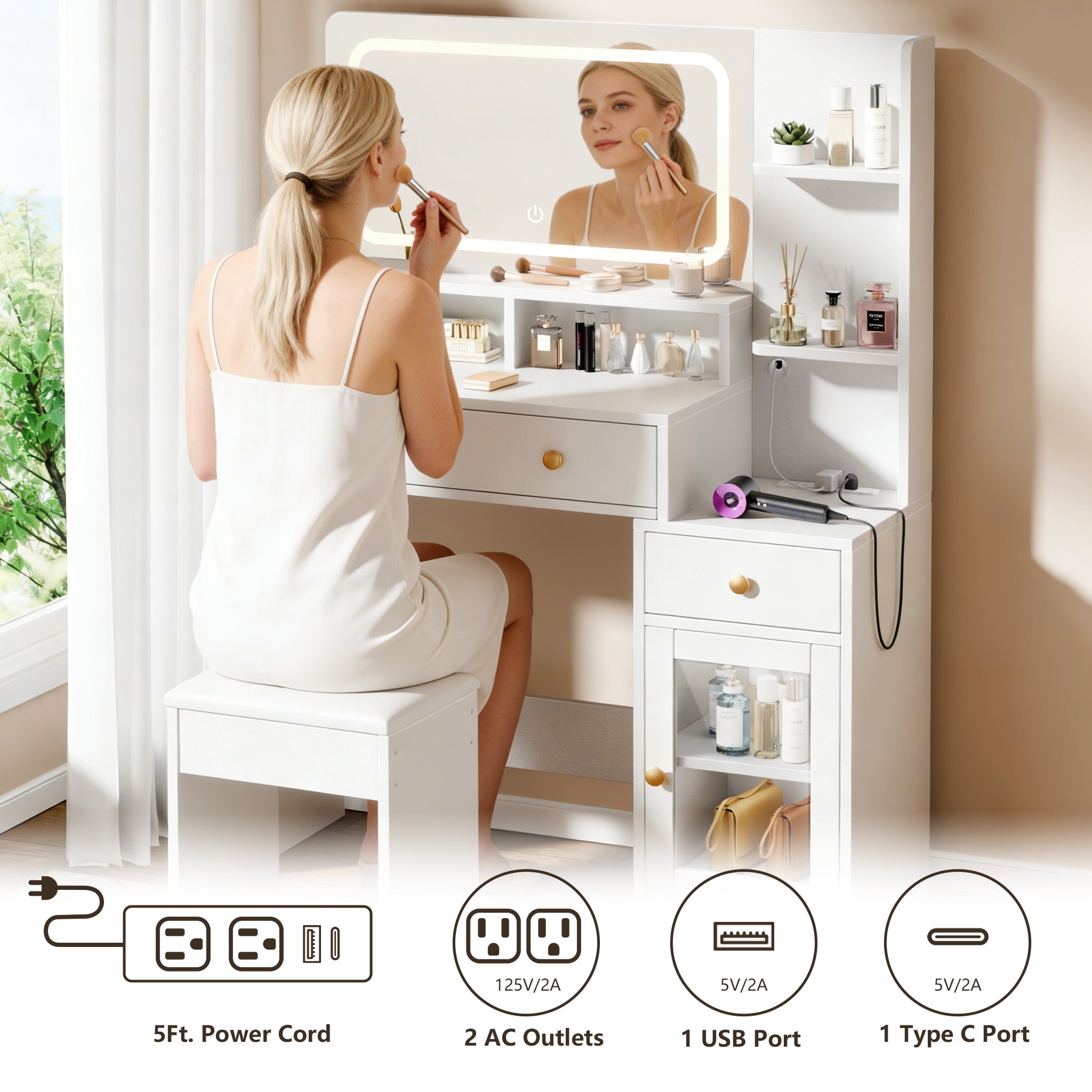 Modern White Makeup Vanity Desk with LED Lighted Mirror Charging Station 2 Outlets USB Type C 2 Drawers 3 Shelves Acrylic Cabinet Bedroom Vanity Set