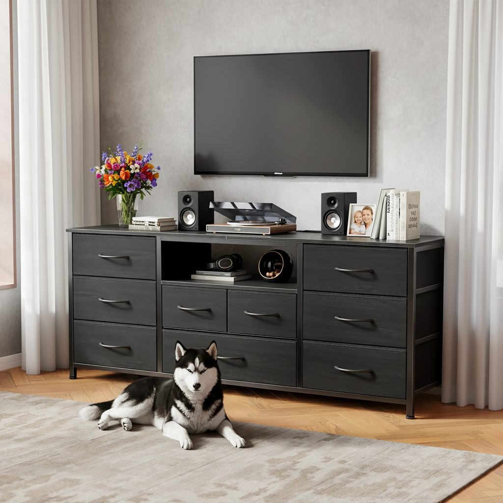 9 Drawer Dresser 55” Long TV Stand for Bedroom Entertainment Center with Power Outlet LED Light for 55"-65" TV Dresser with Fabric Storage Black
