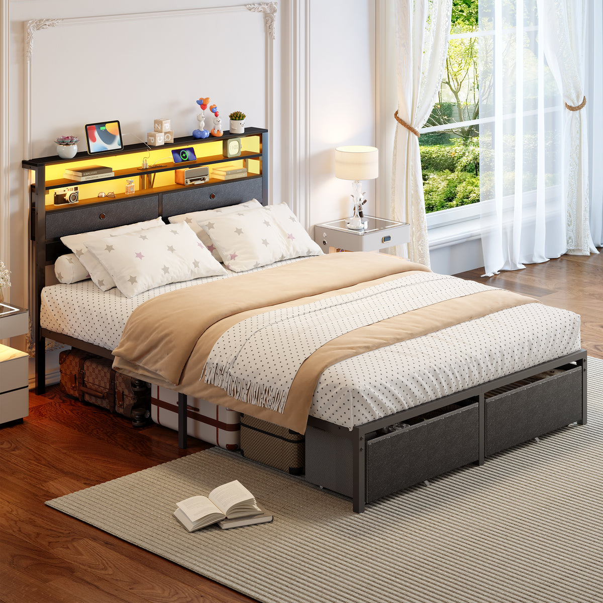 Queen Bed Frame with Storage Headboard and 4 Drawers, LED Lights
