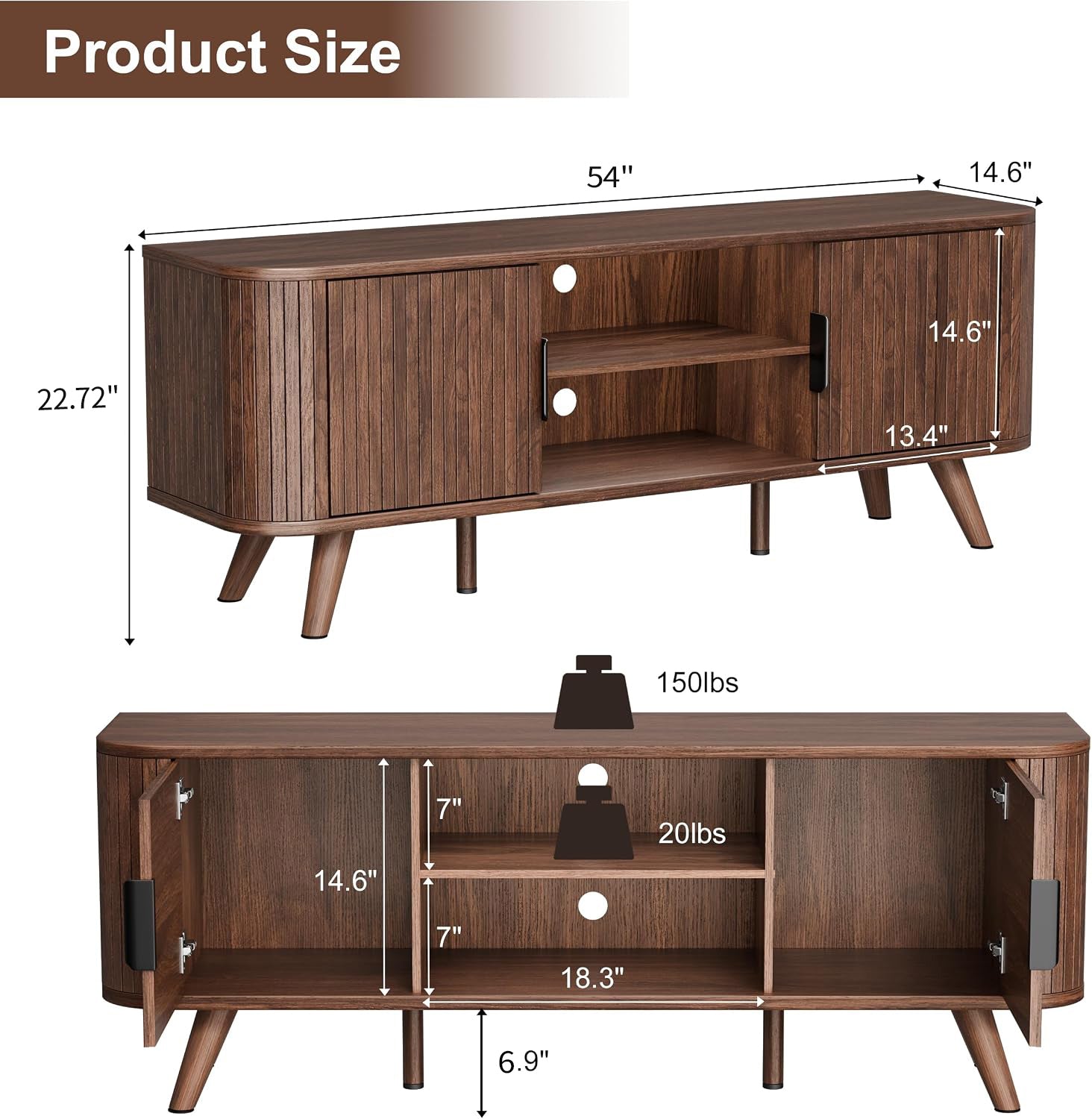 Curved Edge TV Stand Walnut Finish Media Console for 65 Inch TV Modern Fluted Door Credenza with Storage Mid Century Living Room Furniture