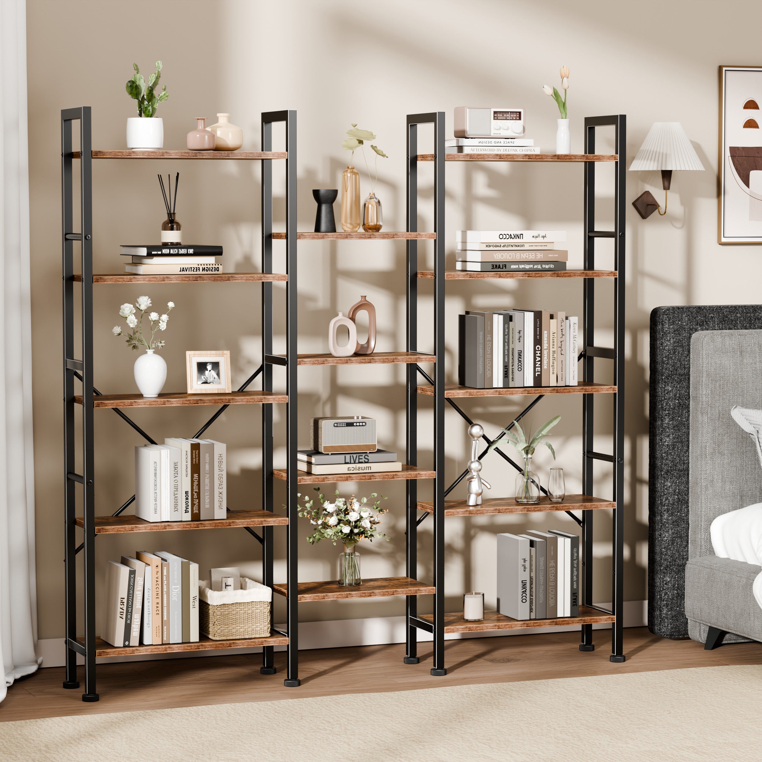 Qwatto Brown 5 Tier Bookshelf 14 Open Display Shelves Wood Metal Storage Organizer Industrial Wide Shelving Unit Freestanding Etagere in Home Office