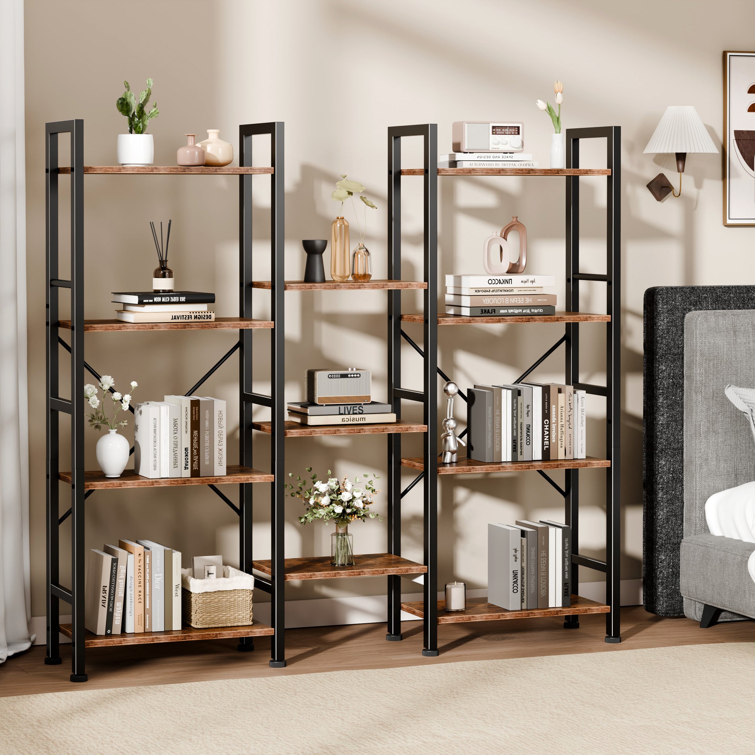 Qwatto Brown Triple 4 Tier Bookshelf 11 Open Display Shelves Wood Metal Storage Organizer Industrial Wide Shelving Unit Home Office Etagere Bookcase