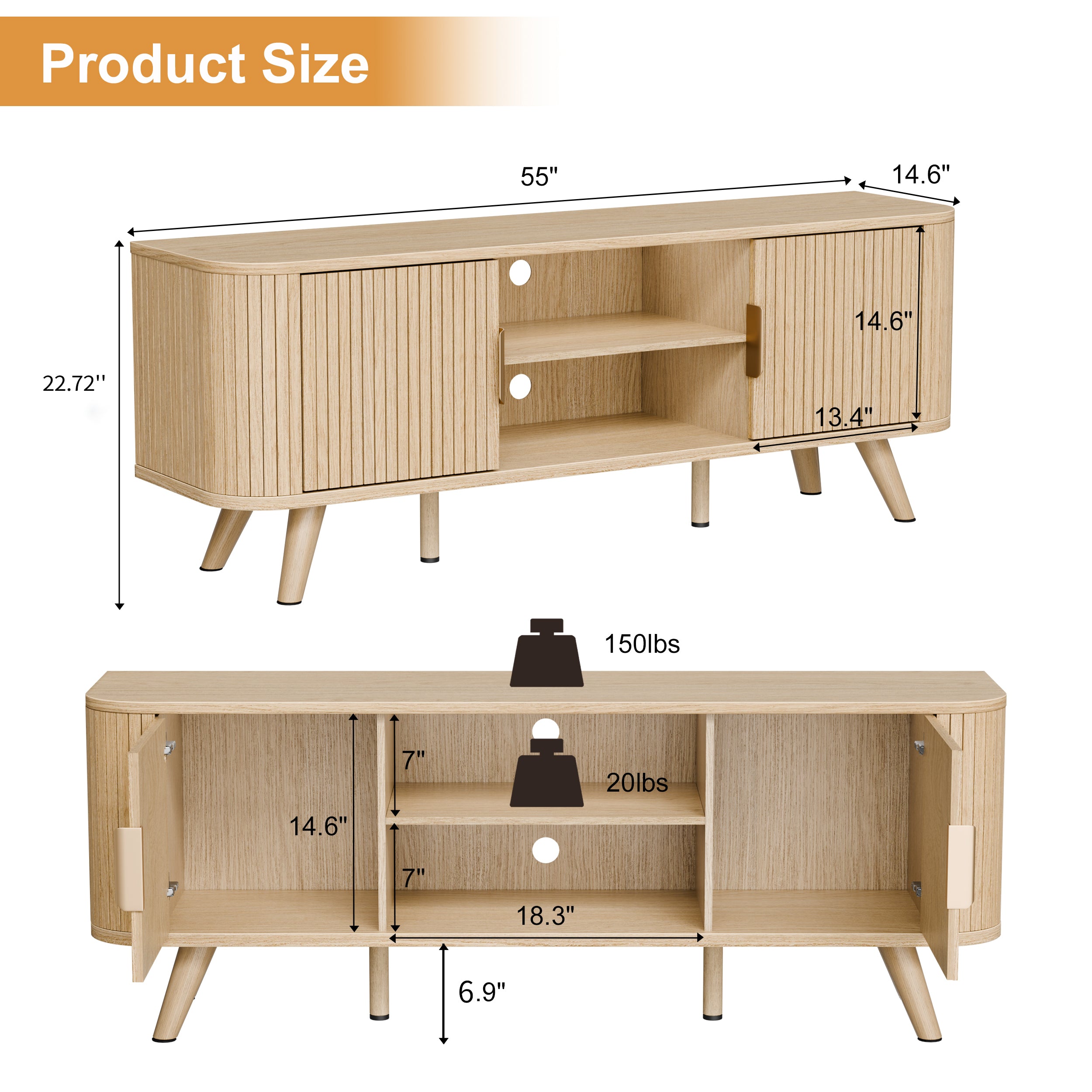 55 Inch Media Console for Bedroom Living Room Oak TV Stand for 65 Inch TV Mid Century Modern Cabinet Fluted Wood Detail Cable Management