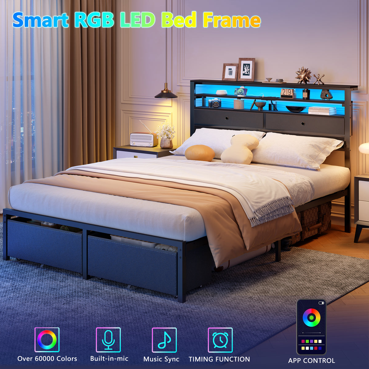 Queen Bed Frame with Storage Headboard and 4 Drawers, LED Lights