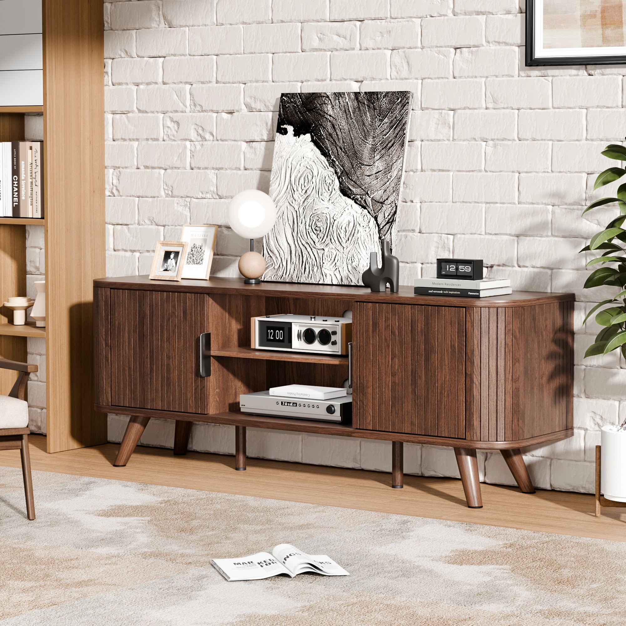 Walnut Entertainment Center for TVs up to 65 Inch Mid Century TV Console with Slatted Doors Large Storage Shelves Modern Wood Media Stand