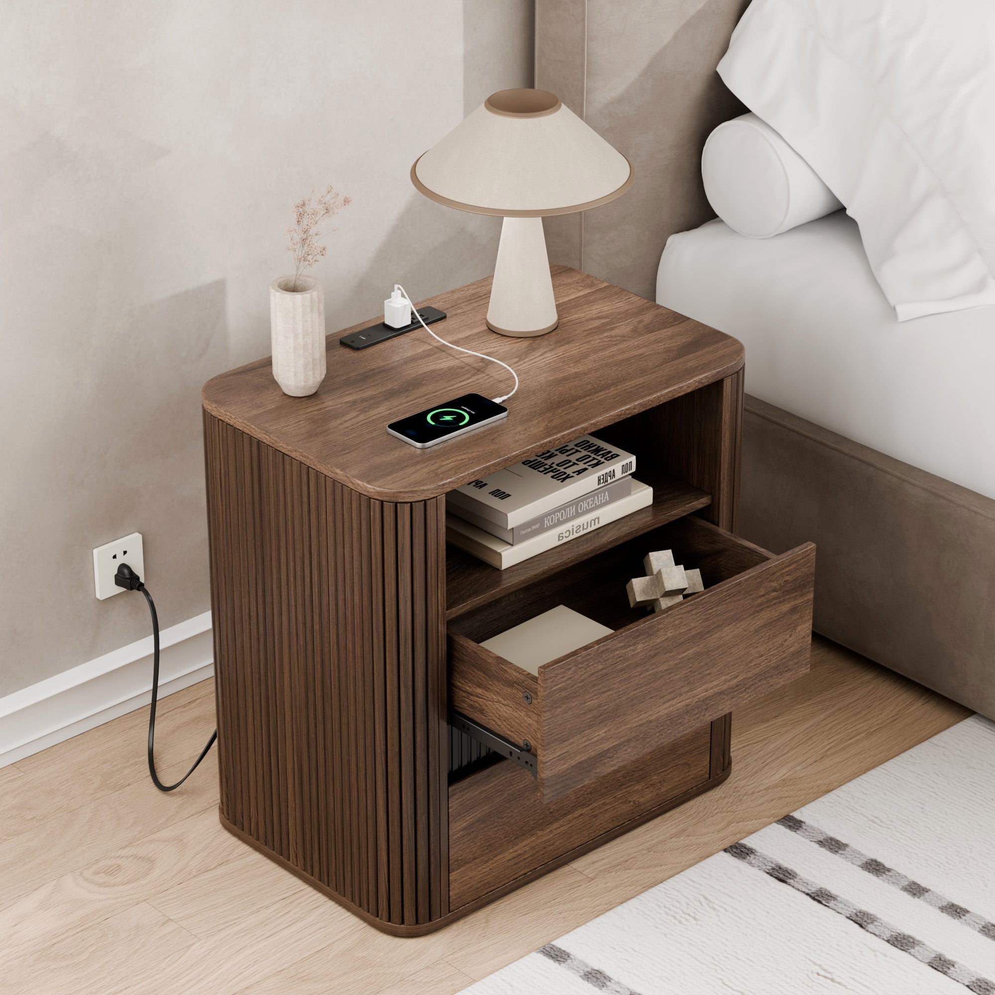 Unique Walnut Nightstand Charging Station 2 Drawers Roller Blind Design Rounded Modern Bedside Table Mid Century End Table Bedroom Storage