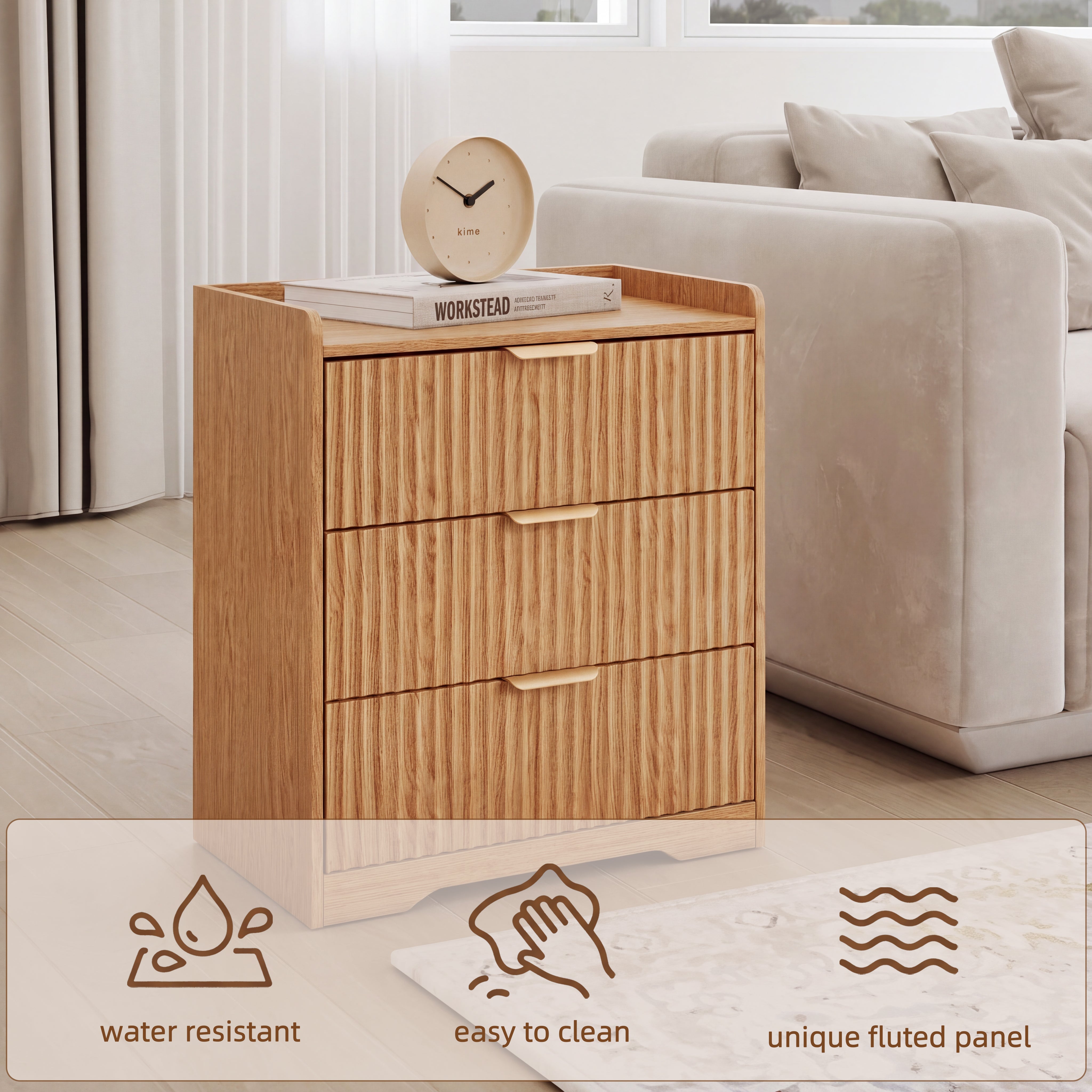 Natural Oak 3 Drawer Fluted Nightstand Modern Wood Bedside Table Accent Dresser Chest of Drawers with Metal Handles for Bedroom and Entryway