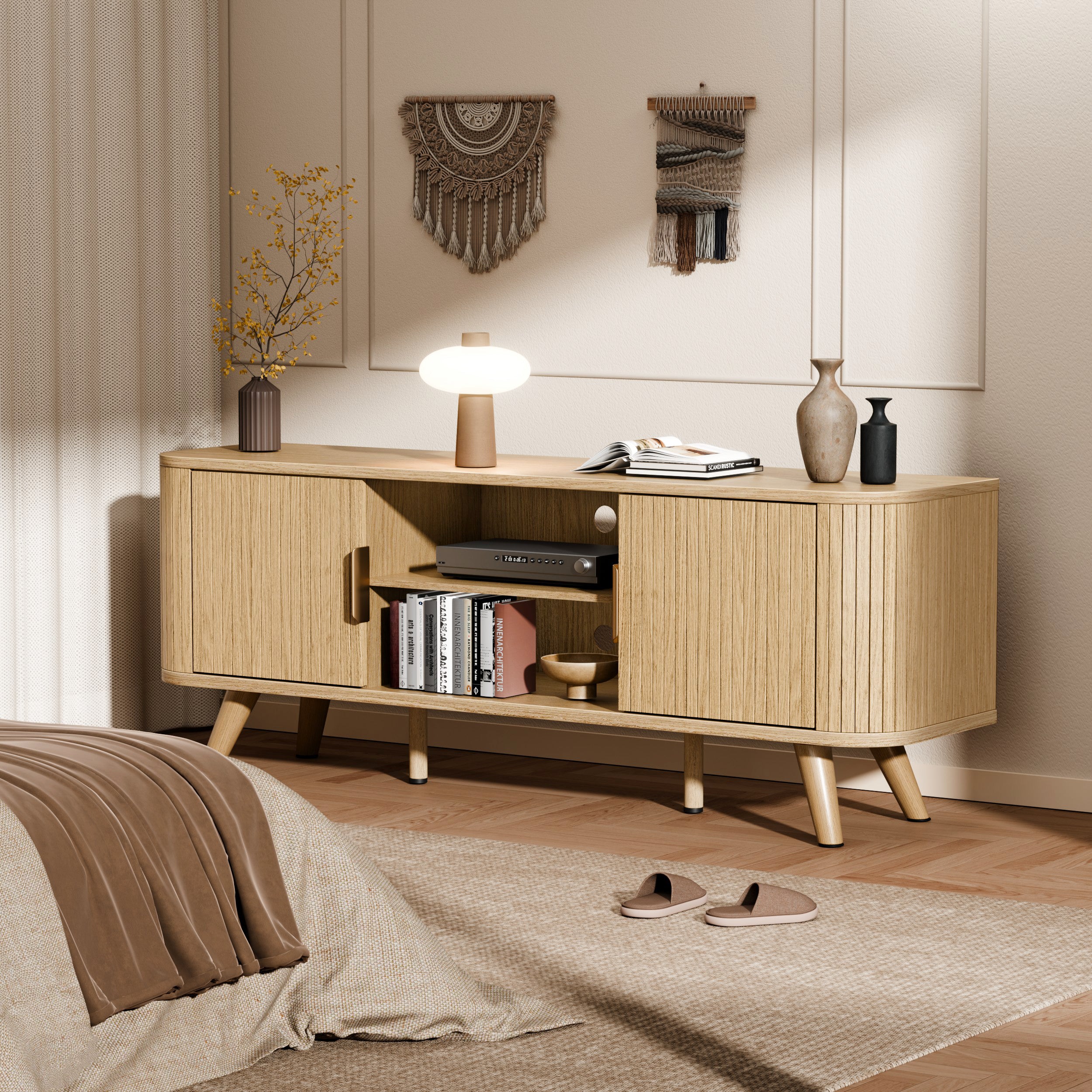 Qwatto Mid Century Modern TV Stand up to 65'' with Power Outlet Entertainment Center Fluted Wood TV Console with Storage Drawer for LivingRoom Bedroom