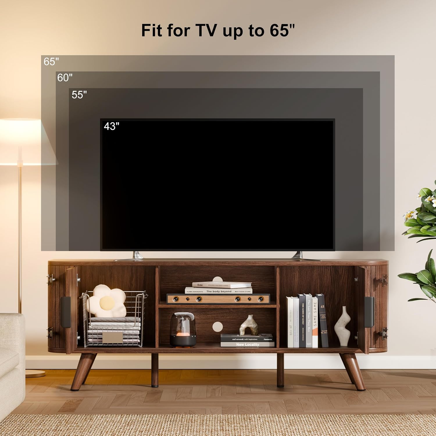 Curved Edge TV Stand Walnut Finish Media Console for 65 Inch TV Modern Fluted Door Credenza with Storage Mid Century Living Room Furniture