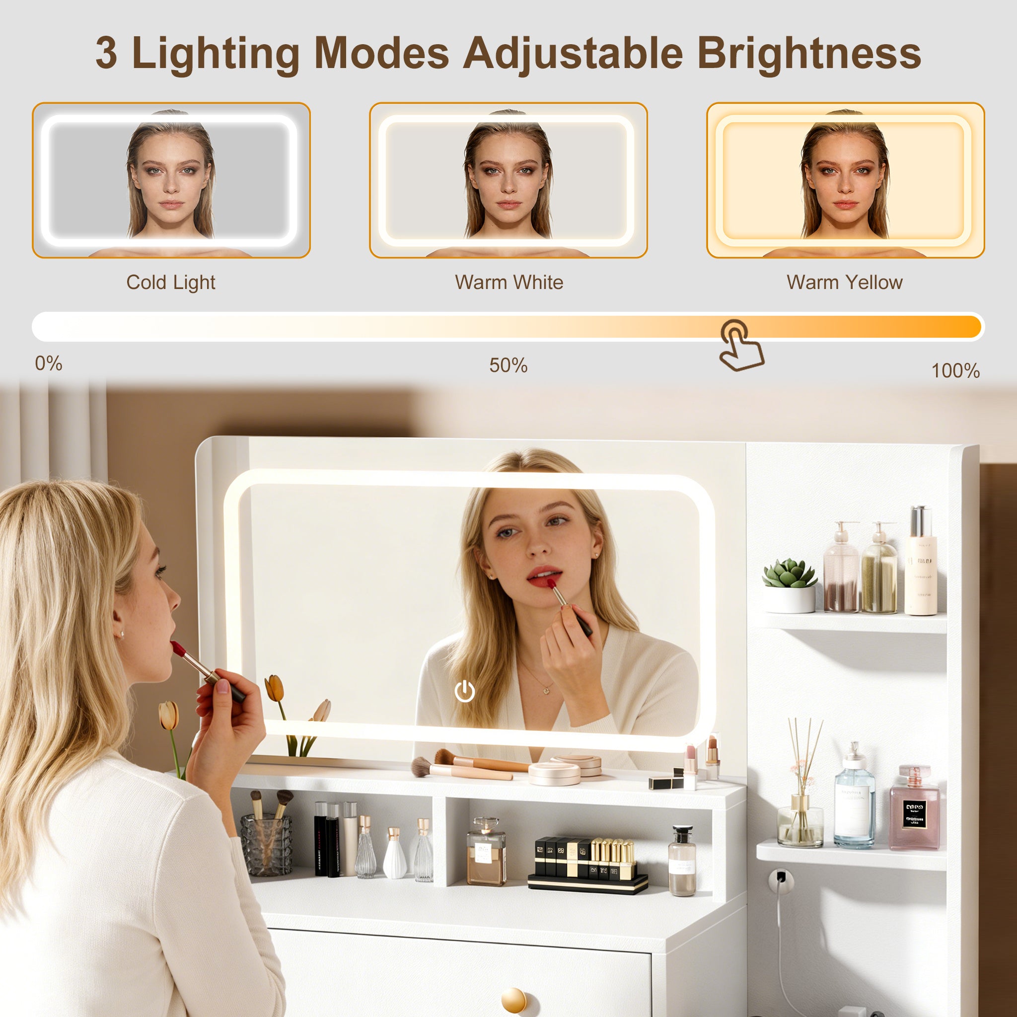 Modern White Makeup Vanity Desk with LED Lighted Mirror Charging Station 2 Outlets USB Type C 2 Drawers 3 Shelves Acrylic Cabinet Bedroom Vanity Set