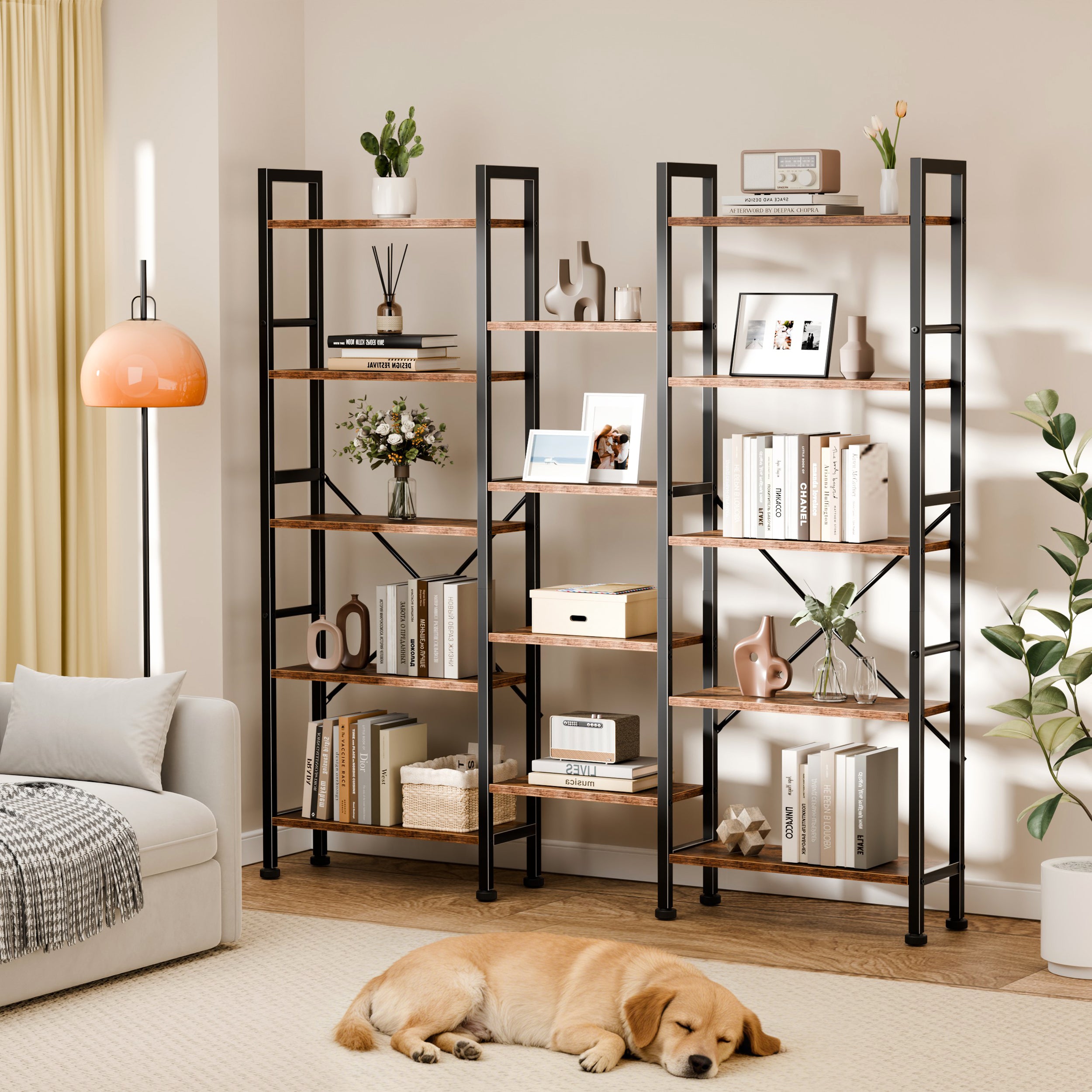 Qwatto Brown 5 Tier Bookshelf 14 Open Display Shelves Wood Metal Storage Organizer Industrial Wide Shelving Unit Freestanding Etagere in Home Office