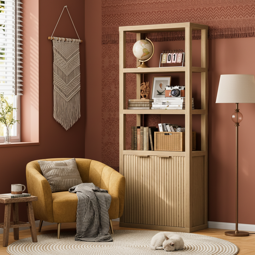 5 Tier Bookcase with Doors Tall Storage Shelf Wood Display Cabinet Standing Bookshelf for Living Room Home Office Organizer