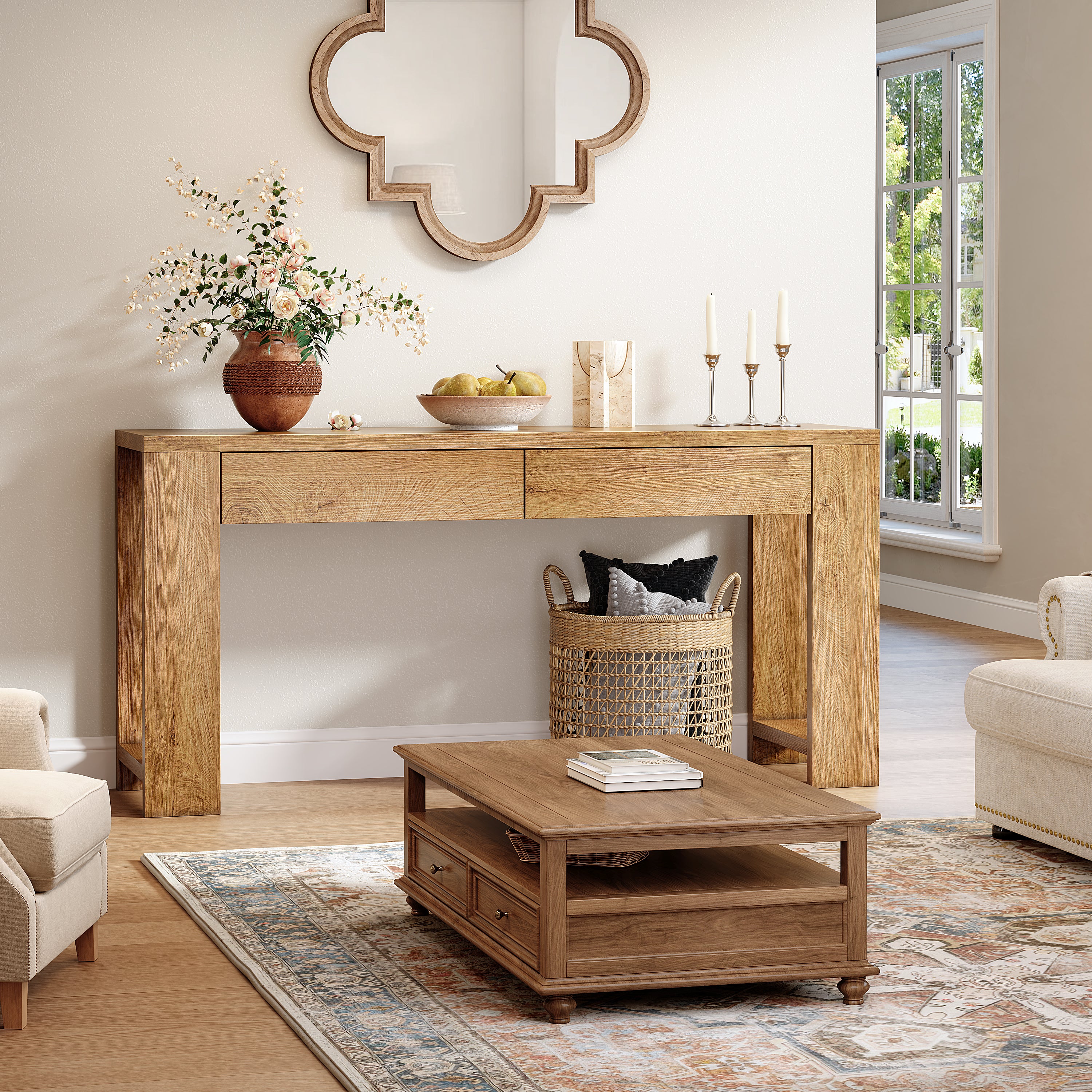 Qwatto 60 Inch Console Table Modern Entryway Storage Table with 2 Drawers Long Sofa Table Behind Couch for Living Room Hallway Foyer Natural Oak