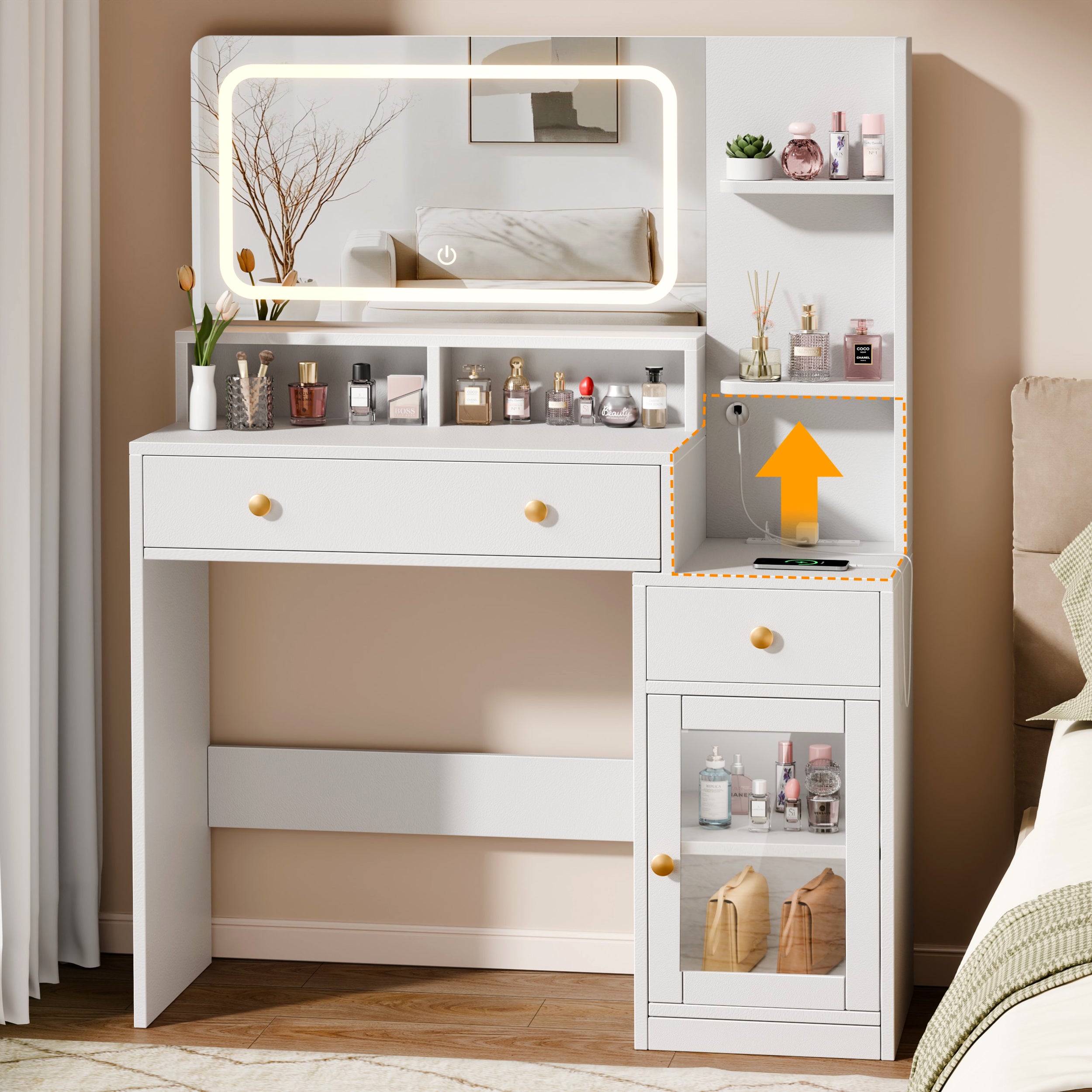 Modern White Makeup Vanity Desk with LED Lighted Mirror Charging Station 2 Outlets USB Type C 2 Drawers 3 Shelves Acrylic Cabinet Bedroom Vanity Set