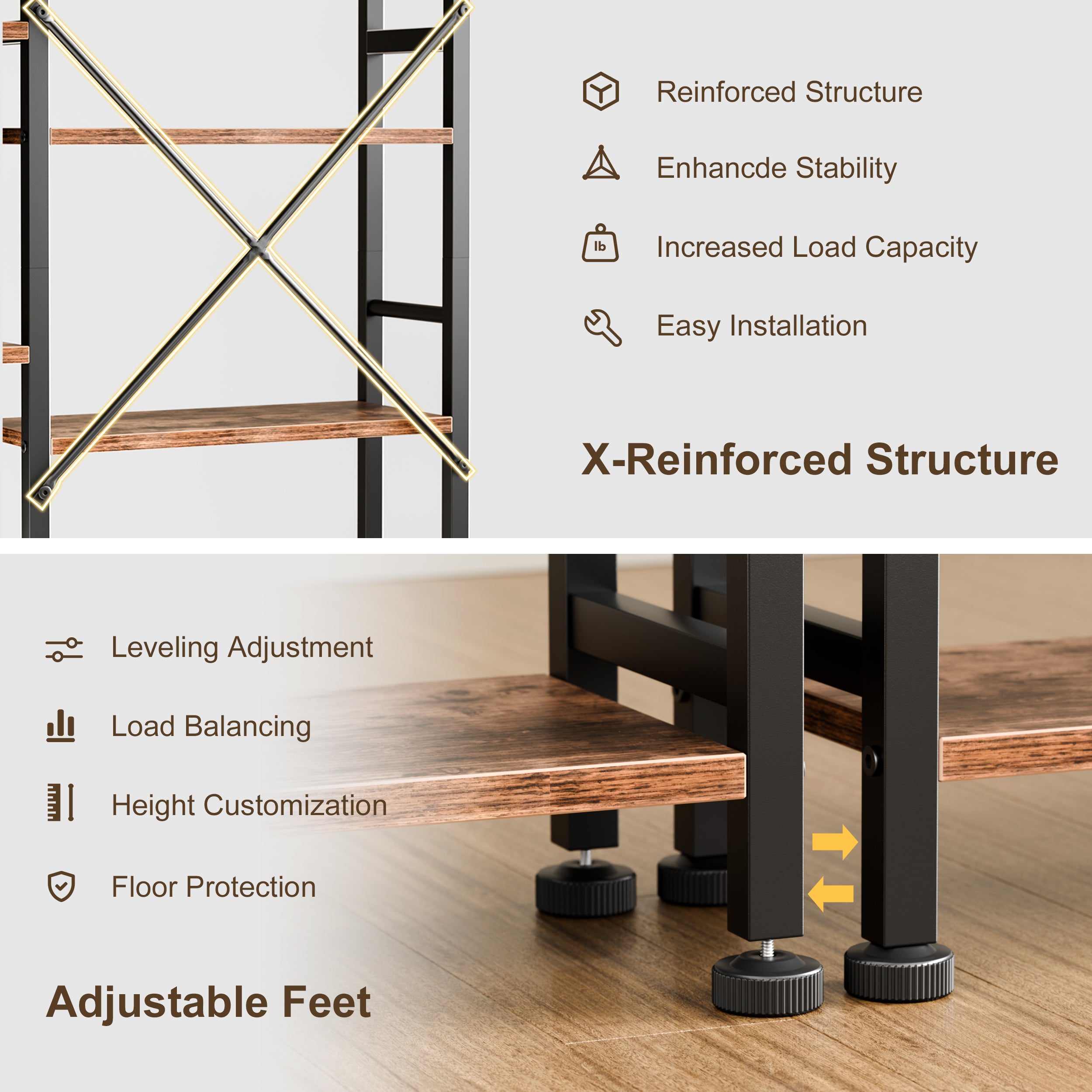 Qwatto Brown Triple 4 Tier Bookshelf 11 Open Display Shelves Wood Metal Storage Organizer Industrial Wide Shelving Unit Home Office Etagere Bookcase