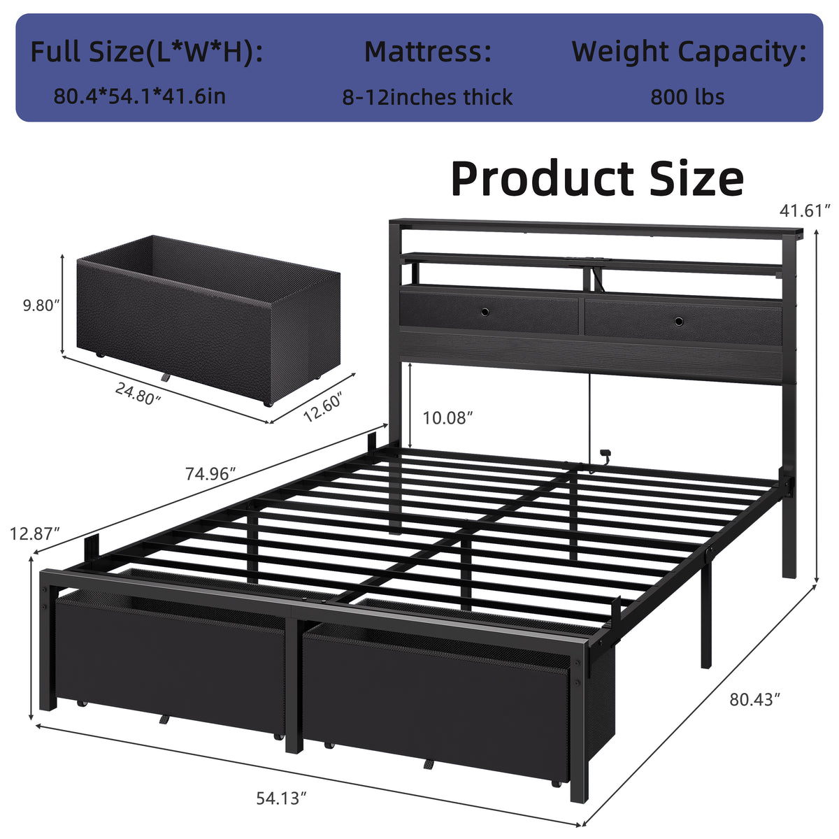Full Size Bed Frame with Storage Headboard & 4 Drawers, LED Lights