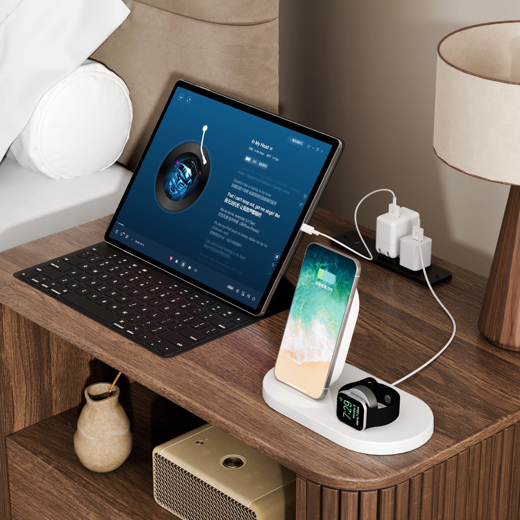 Walnut Nightstand with Charging Station USB Ports 2 Drawers Roller Blind Storage Modern Bedside Table Rounded Wood End Table Bedroom Dorm