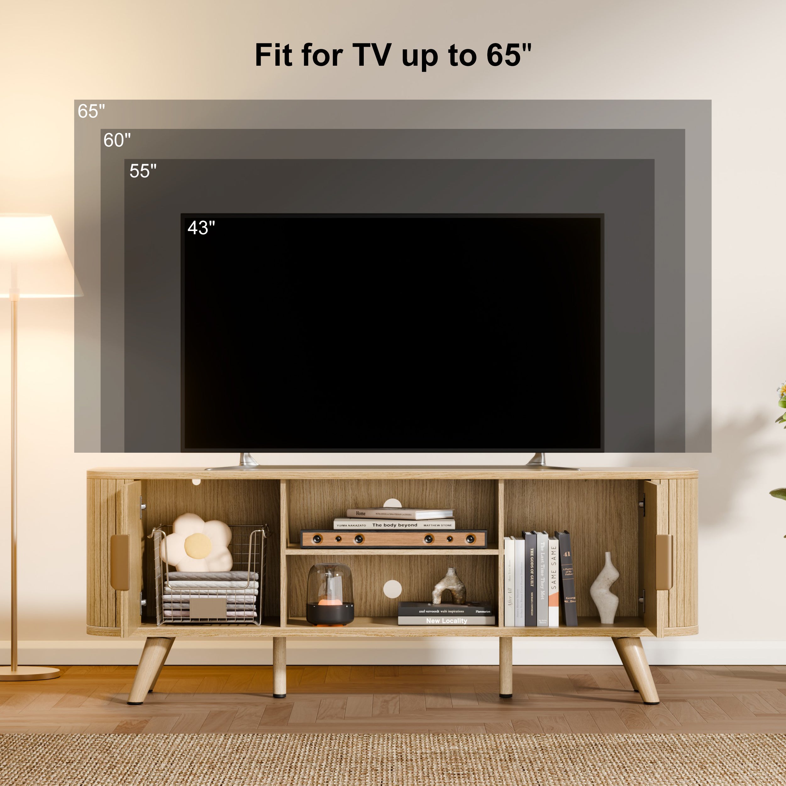 55 Inch Tambour Door TV Stand Oak Wood Media Cabinet for 65 Inch TV Arc Curved Edge Design Mid Century Modern Console with Open Shelves