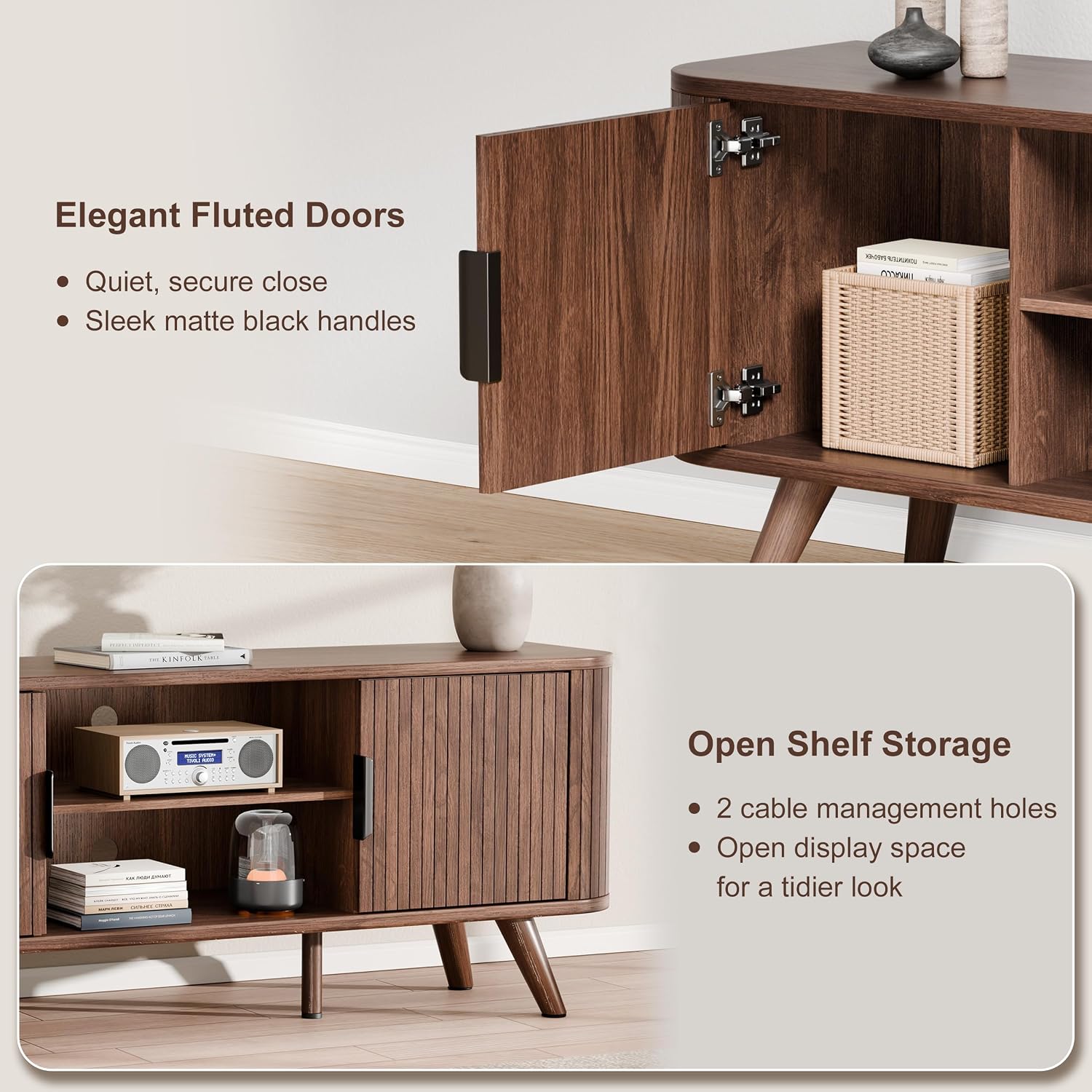 Curved Edge TV Stand Walnut Finish Media Console for 65 Inch TV Modern Fluted Door Credenza with Storage Mid Century Living Room Furniture