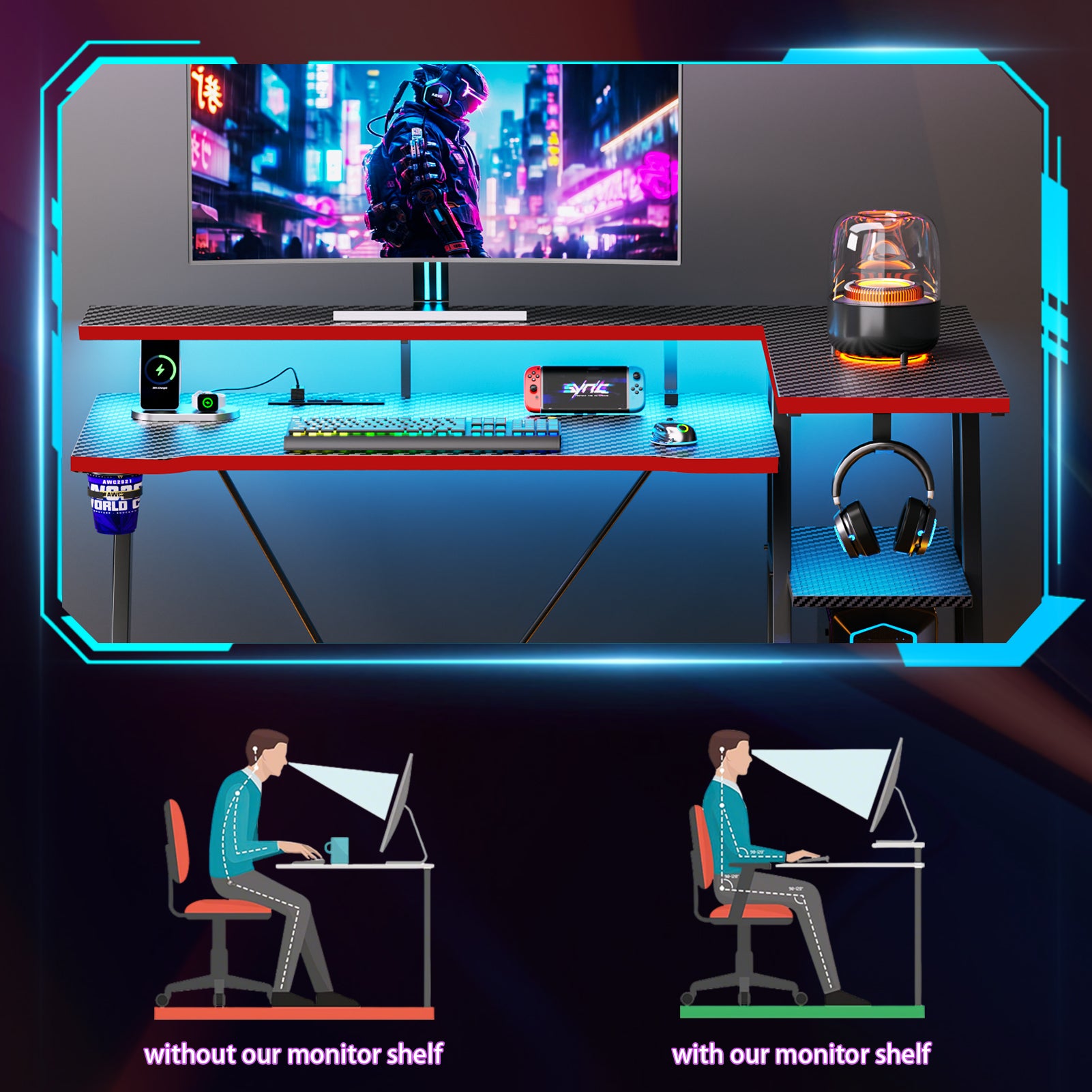 40 inch Black Gaming Desk with LED Lights Power Outlet Small Space L Shaped Computer Table with Monitor Stand 3 Tier Storage Shelves Carbon Fiber Gamer