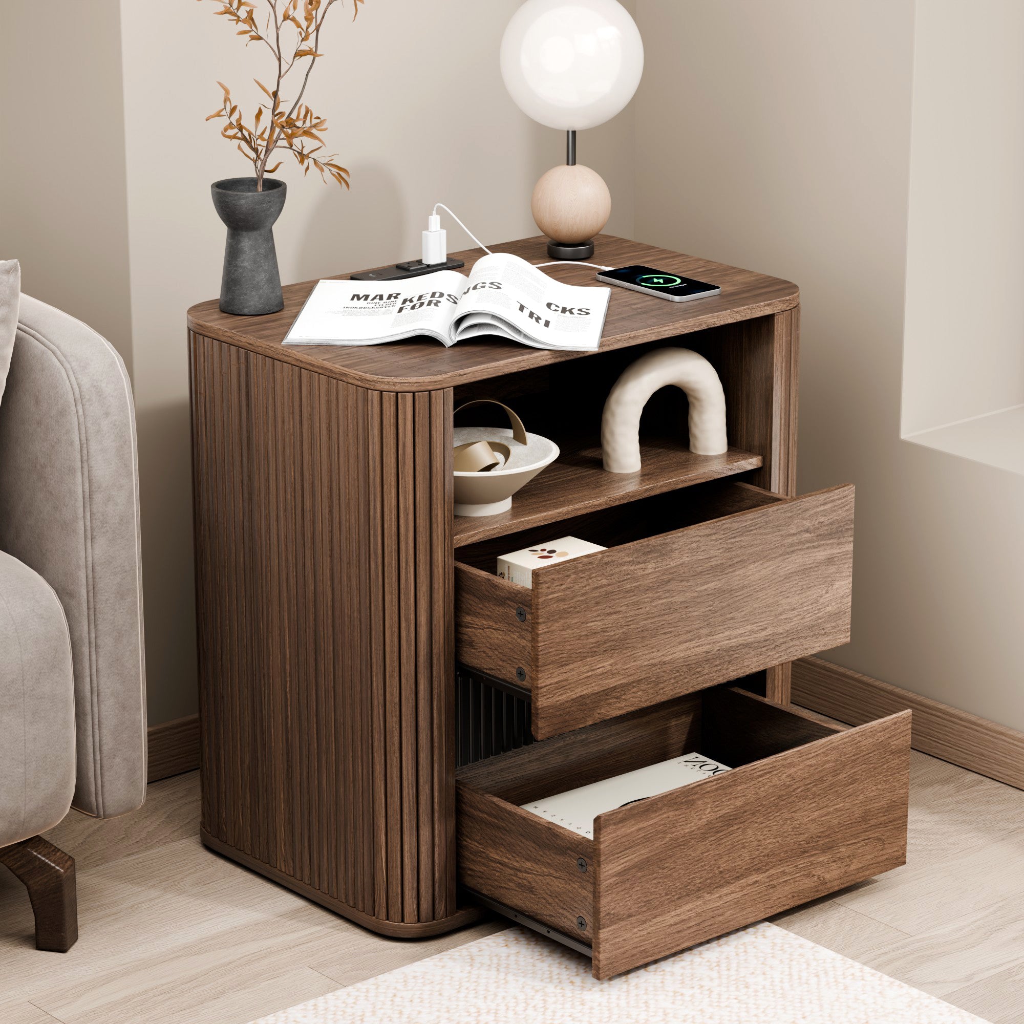 Walnut Nightstand with Charging Station and 2 Drawers Rolling Side Table for Bedroom Modern Wood End Table with Rounded Edges Living Room Furniture